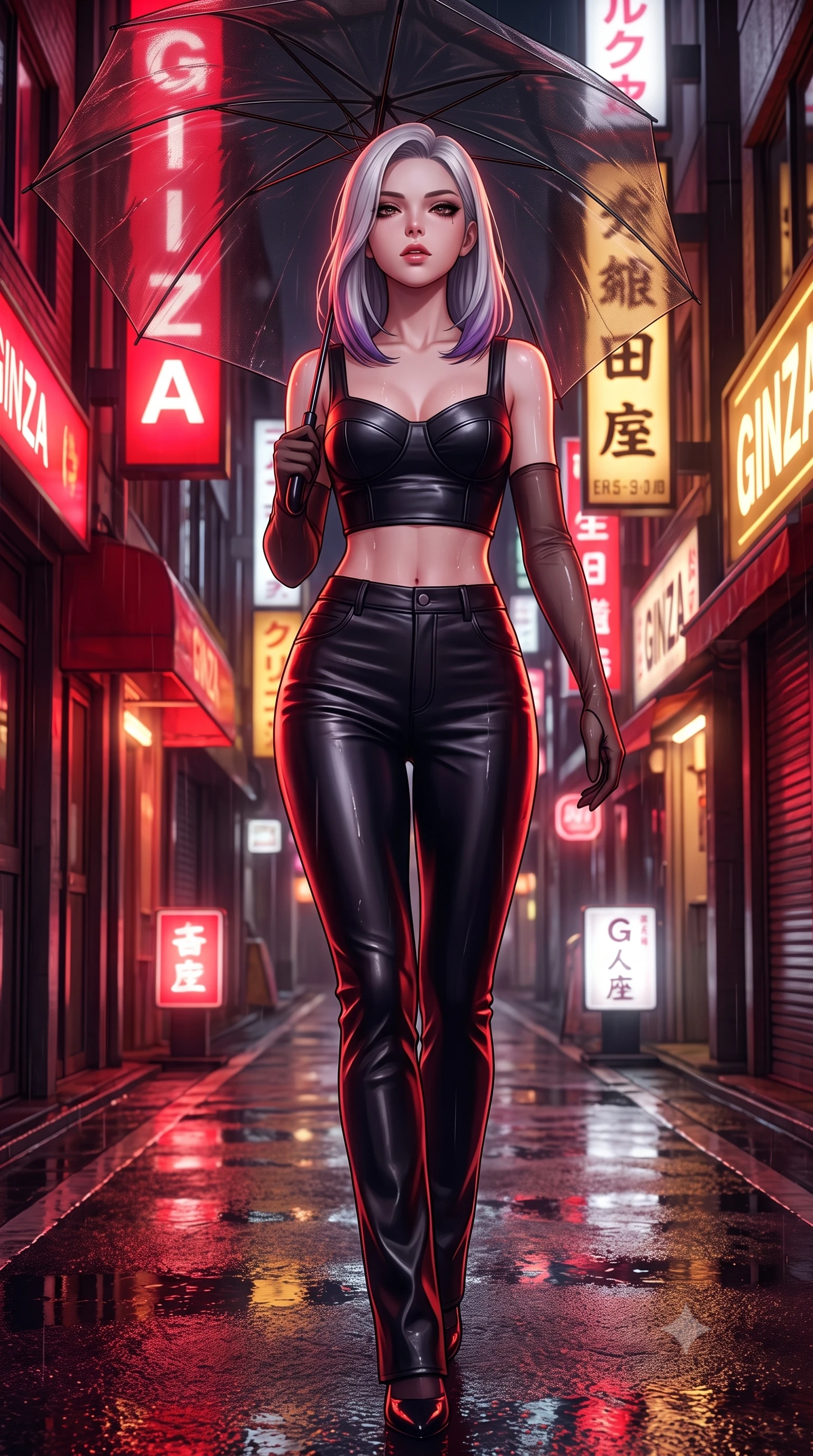 score_9, masterpiece, best quality, ultra-detailed, high-budget anime keyframe, semi-realistic 3D game render, editorial fashion photography, tasteful artistic composition, Caucasian woman. close-up cowboy shot from the waist and thighs up, the character dominates the composition, filling the frame with her large presence. tilting her chin up slightly with lips parted in a composed, sovereign expression, her body curving in an alluring S-line that accentuates her hip contour while walking dynamically down the glistening wet asphalt alley beneath a translucent black umbrella, hips swaying gracefully in a captivating supermodel rhythm. The surrounding environment is rendered in vivid detail and crisp panoramic clarity. detailed outfit drape, wet reflections on skin, and Ginza architecture lines in razor-sharp resolution. She has an exceptionally elegant, slender, and willowy female figure with an ultra-slim waist, flat toned midriff, narrow ribcage, and sculpted feminine hips creating an alluring, slim hourglass silhouette without bulk. sharp v-shaped jawline, high-bridge nose, intricate jewel-like dark sparkling eyes with dangerous depth, thick curled eyelashes, glossy parted lips with a rich wine sheen, smoldering seductive half-smile with bedroom-eyes, exuding effortless superiority and intoxicating dark allure, flawlessly proportioned anatomical accuracy, strict slender model proportions, natural body alignment, perfectly sculpted long slender limbs, ultra-slim waistline, clean dynamic posture without body distortion. wearing a cropped structured bodice top paired with ultra-fitted high-waisted leather trousers tracing her hips in pure obsidian monochrome with subtle metallic sheen, made of supple butter-soft lambskin leather with a subtle satin sheen, complemented by sheer dark opera gloves reaching past her elbows, the glove-like silhouette tightly following the natural contour of her hips and long slender legs with youthful 8.5-heads elegance. bathed in intense saturated crimson and warm gold neon underlights contrasting with dark rain-soaked shadow tones. highly saturated vibrant anime colors, detailed shading with soft gradients, rich glossy textures, high-contrast stereoscopic depth, volumetric dynamic lighting, master piece, 9:16 ratio