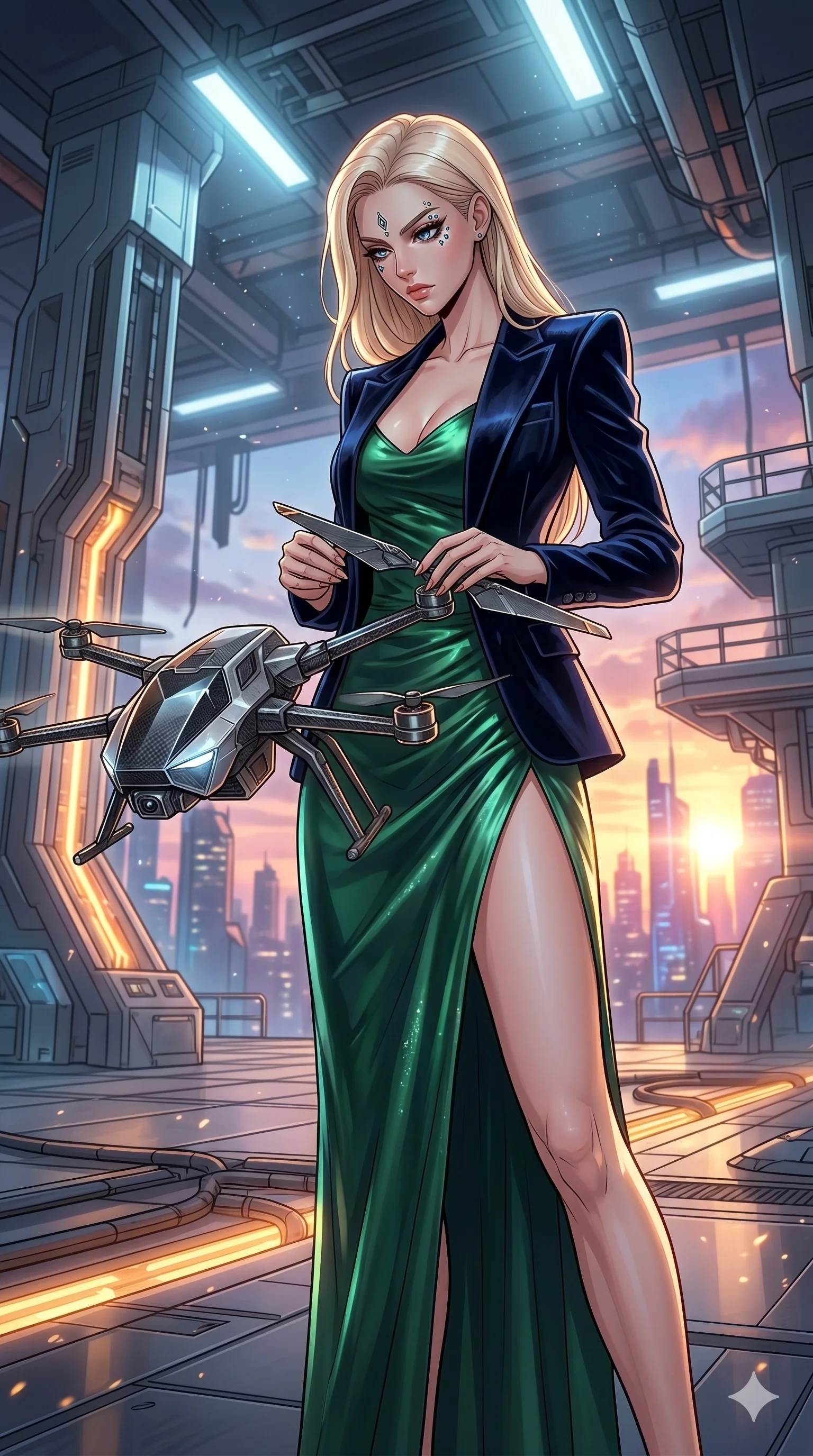 score_9, masterpiece, best quality, ultra-detailed, high-budget anime movie keyframe, cinematic anime lighting, intricate line art, Korean woman. Low angle cowboy shot capturing a powerful motion and statuesque presence. reparing a drone's wings as it hovers in front of her. She has an absolutely perfect 8-heads proportion, an exceptionally tall and slender female figure with an ultra-slim waist and impossibly long slender legs. strictly human anatomy, two legs only, no extra limbs, clearly defined legs and arms, perfect anatomy, perfect hands and fingers. sharp v-shaped jawline, high-bridge nose, intricate jewel-like eyes, thick eyelashes, glossy lips. Wearing High-Fashion Editorial: Silk slip dress with high side slit, backless velvet gown, and structured blazer with nothing underneath. The scene is illuminated by dramatic atmospheric lighting and vibrant color palettes. , 2k, ultra detail, master piece, 9:16 ratio