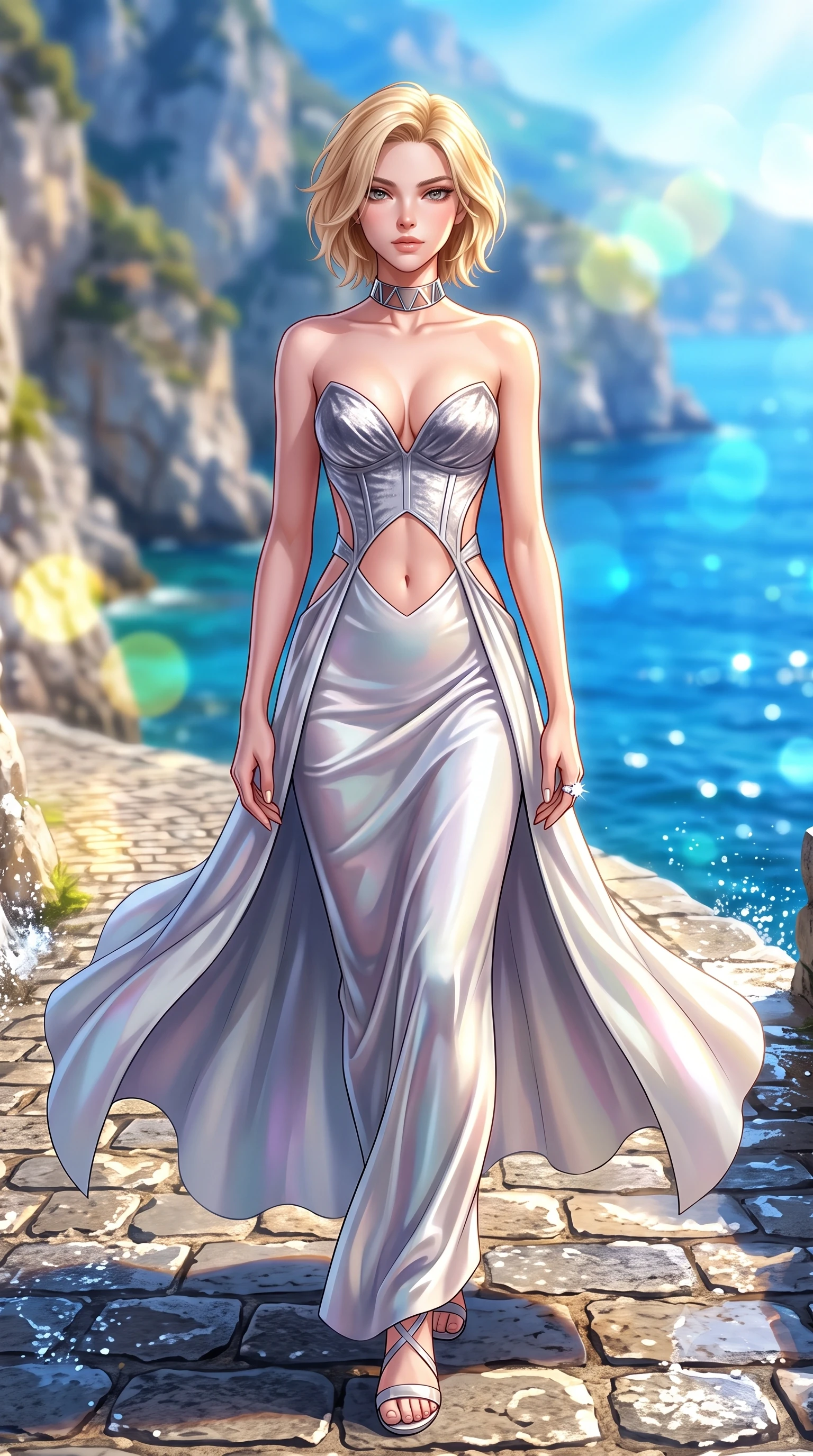 score_9, masterpiece, best quality, ultra-detailed, high-budget anime keyframe, semi-realistic 3D game render, editorial fashion photography, tasteful artistic composition, Caucasian woman. low angle full-body shot from head to toe showing her feet, filling the entire 9:16 vertical frame with her statuesque presence, stretching her vertical silhouette. striding forward in a proud supermodel runway stride, hips swaying in an alluring kinetic rhythm that accentuates her curvy hourglass silhouette while standing poised on the sun-dappled cobblestone path, twisting her slender torso in an alluring contrapposto stance as the Mediterranean breeze flutters her dress. The composition keeps background elements in soft focus with creamy bokeh. sun-drenched cobalt Mediterranean sea and dramatic Amalfi limestone cliffs blurred into radiant sapphire, turquoise, and lemon-yellow bokeh. She has an exceptionally tall and slender model-like 8.5-heads proportion, an ultra-slim waist, a flat toned midriff, narrow delicate ribcage, and beautifully sculpted feminine hips creating a graceful, slim hourglass silhouette without any bulky heaviness, with impossibly long slender legs. sharp v-shaped jawline, high-bridge nose, intricate jewel-like eyes with depth, thick eyelashes, glossy parted lips with a natural sheen, intensely captivating and seductive bedroom-eyes expression, flawlessly proportioned anatomical accuracy, strict slender model proportions, natural body alignment, perfectly sculpted long slender limbs, ultra-slim waistline, clean dynamic posture without body distortion. wearing a deep sweetheart neckline crushed velvet corseted ballgown with an exposed midriff cutout in shimmering silver mercury and pearl white, tailored from ultra-smooth duchess satin with a pearlescent sheen, complemented by a bold geometric choker and sparkling cocktail ring, the precision-cut side openings and low-back scoop framing her graceful spine and the sensual sweep of her slim, toned hips. illuminated by intense specular sea surface glints defining her sculpted collarbones, narrow waist, and curvy hips. highly saturated vibrant anime colors, detailed shading with soft gradients, rich glossy textures, high-contrast stereoscopic depth, volumetric dynamic lighting, master piece, 9:16 ratio