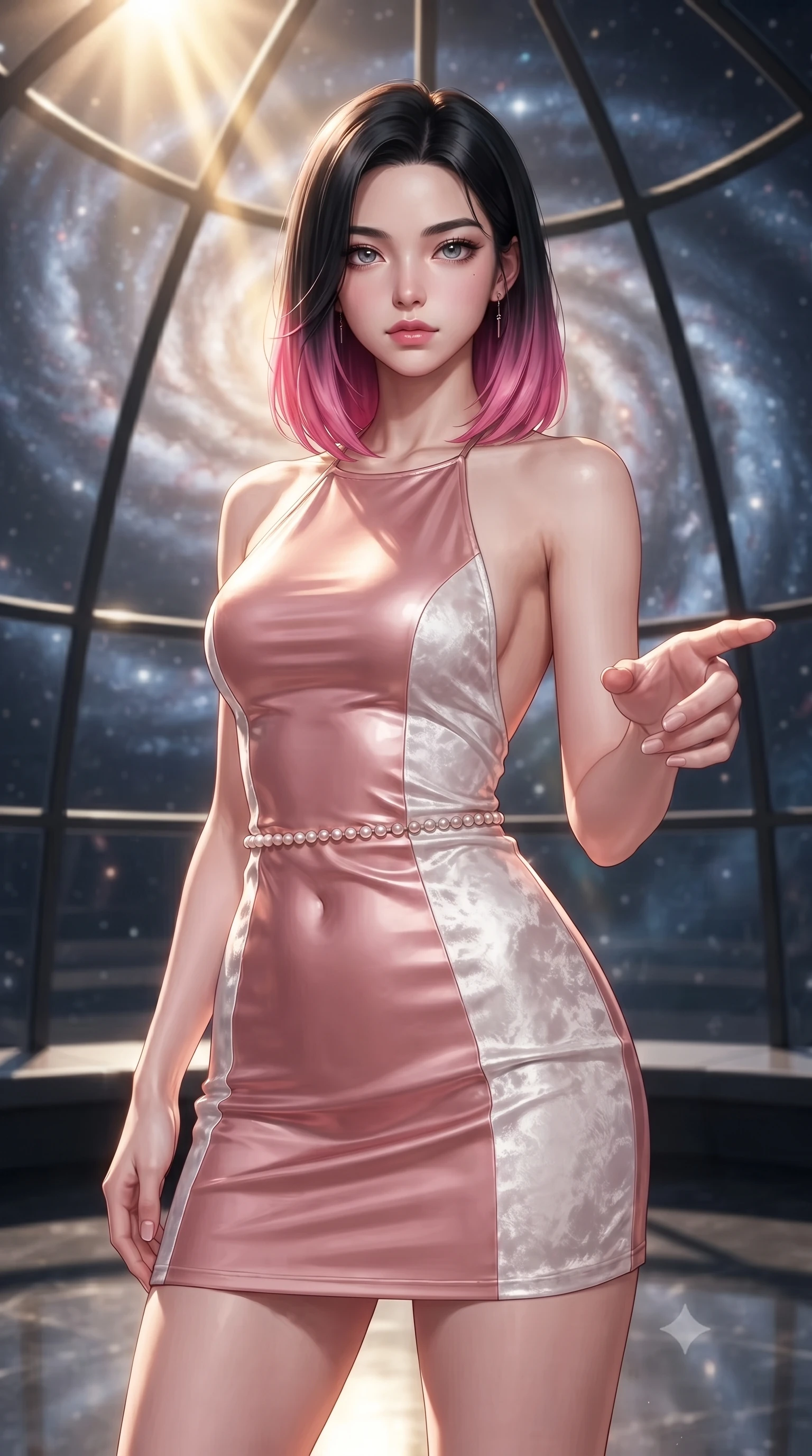 score_9, masterpiece, best quality, ultra-detailed, high-budget anime keyframe, editorial fashion photography, tasteful artistic composition, Korean woman. close-up cowboy shot from the waist and thighs up, the character dominates the composition, filling the frame with her large presence, background elements kept in soft focus. Reaching one hand toward the viewer with relaxed elegance, inside a high-altitude glass dome observatory looking out at a swirling spiral galaxy, intellectual composed expression with direct magnetic gaze. She has an exceptionally elegant, slender, and willowy female figure with an ultra-slim waist, a gracefully sculpted slender torso, and a refined silhouette. sharp v-shaped jawline, high-bridge nose, intricate jewel-like eyes with depth, thick eyelashes, glossy lips with a natural sheen. wearing backless liquid vinyl mini slip dress with bare shoulder halter neckline in rose-gold pink, made of crushed white silk velvet, adorned with minimalist pearl hardware framing the waistline, accentuating her gracefully sculpted slender torso. lit by bright golden key rays piercing through glass dome panes. ultra-reflective glossy finish, specular highlights, metallic sheen, high-contrast stereoscopic depth, volumetric dynamic lighting, 2k, ultra detail, master piece, 9:16 ratio