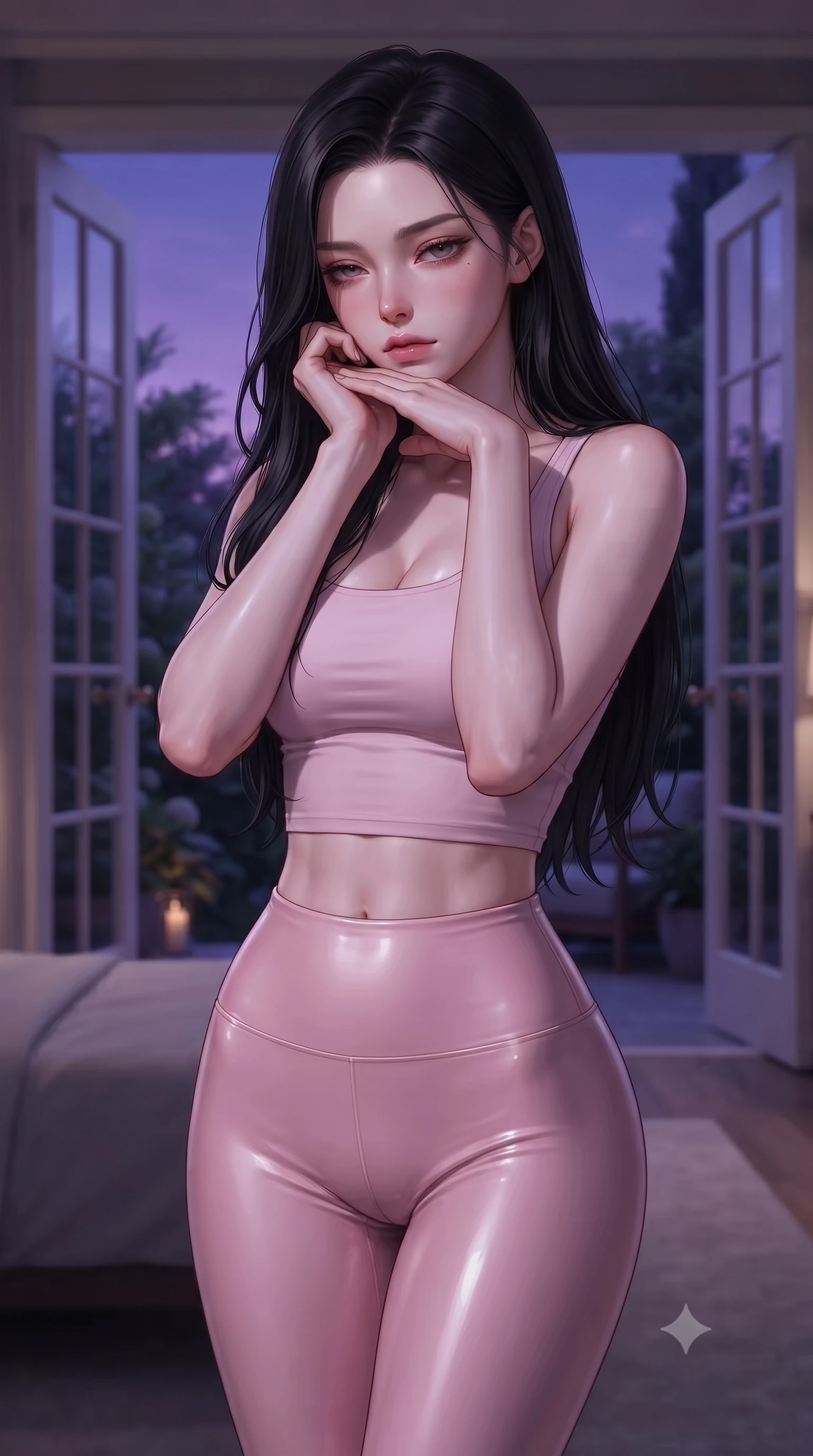 score_9, masterpiece, best quality, ultra-detailed, high-budget anime keyframe, editorial fashion photography, tasteful artistic composition, Korean woman woman. close-up cowboy shot from the waist and thighs up, the character dominates the composition, filling the frame with her large presence, background elements kept in soft focus. resting her chin on the backs of her fingers, casting a heavy-lidded, sultry look past the camera the background shows a soft-focus a bedroom suite with double glass doors opening to a quiet botanical patio at dusk. She has an exceptionally elegant, slender, and willowy female figure with an ultra-slim waist, a gracefully sculpted slender torso, and a refined silhouette. sharp v-shaped jawline, high-bridge nose, intricate jewel-like eyes with depth, thick eyelashes, glossy lips with a natural sheen. wearing a form-contouring body-hugging light pink crop tank top paired with high-waisted tight-fitting leggings. deep violet twilight sky glow casting cool highlights on her form. ultra-reflective glossy finish, specular highlights, metallic sheen, high-contrast stereoscopic depth, volumetric dynamic lighting, 2k, ultra detail, master piece, 9:16 ratio