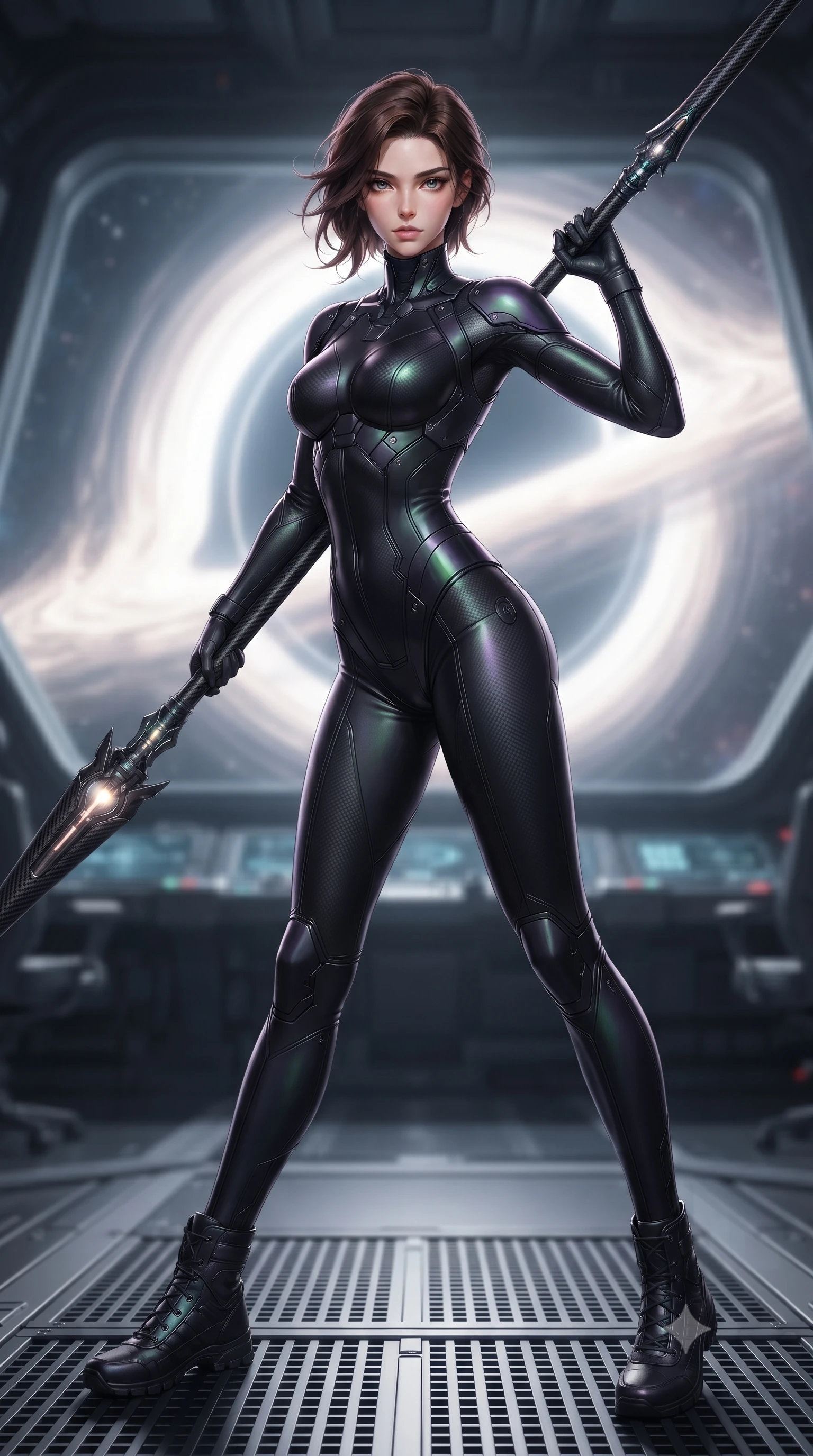 score_9, masterpiece, best quality, ultra-detailed, high-budget anime keyframe, editorial fashion photography, tasteful artistic composition, Korean woman. low angle full-body shot from head to toe showing her feet, filling the entire 9:16 vertical frame with her statuesque presence, stretching her vertical silhouette. standing in a dynamic combat stance with a carbon-fiber spear held diagonally, stretching her statuesque body, the background shows a soft-focus the control bridge of a singularity cruiser with a panoramic window showing warps. She has an absolutely perfect, statuesque 8.5-heads proportion, an exceptionally tall and slender model-like female figure with impossibly long slender legs and an ultra-slim waist. sharp v-shaped jawline, high-bridge nose, intricate jewel-like eyes with depth, thick eyelashes, glossy lips with a natural sheen. wearing a form-contouring form-fitting cybernetic combat suit in matte black latex, tracing her willowy silhouette with a high neck. the deep violet and emerald hues of a cosmic singularity bending the light. ultra-reflective glossy finish, specular highlights, metallic sheen, high-contrast stereoscopic depth, volumetric dynamic lighting, 2k, ultra detail, master piece, 9:16 ratio