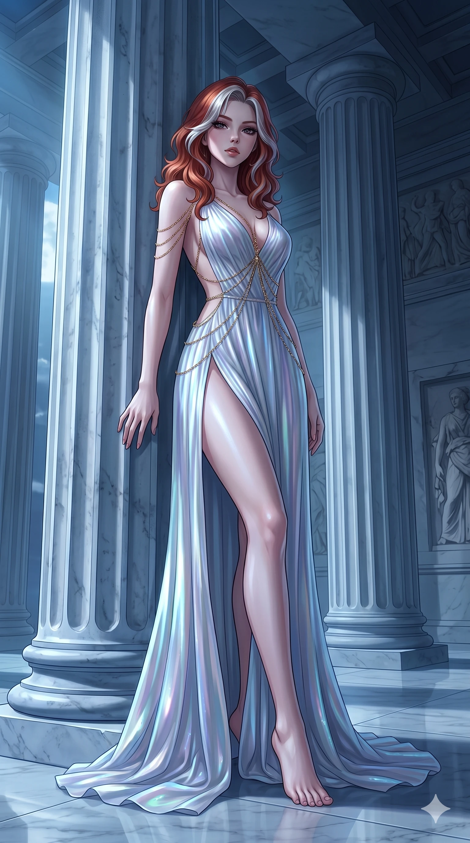 score_9, masterpiece, best quality, ultra-detailed, High-budget Anime Keyframe, East Asian woman. Low angle cowboy shot filling the entire 9:16 frame with her statuesque presence. Scenario 143: Leaning against a cold marble pillar in a moonlit greek temple. Her presence is magnetic and overpowering in this high-budget anime scene. Outfit 143: A shimmering chiffon liquid with a thigh-high slit and fine gold chains. The clothing is designed to emphasize her exceptionally tall and slender 8-heads proportion. 8-heads proportion, towering silhouette, ultra-slim waist. sharp v-shaped jawline, intricate jewel-like eyes with depth, thick eyelashes, glossy lips. 2k, ultra detail, master piece, 9:16 ratio