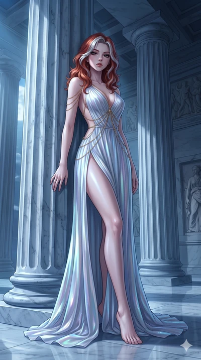 score_9, masterpiece, best quality, ultra-detailed, High-budget Anime Keyframe, East Asian woman. Low angle cowboy shot filling the entire 9:16 frame with her statuesque presence. Scenario 143: Leaning against a cold marble pillar in a moonlit greek 