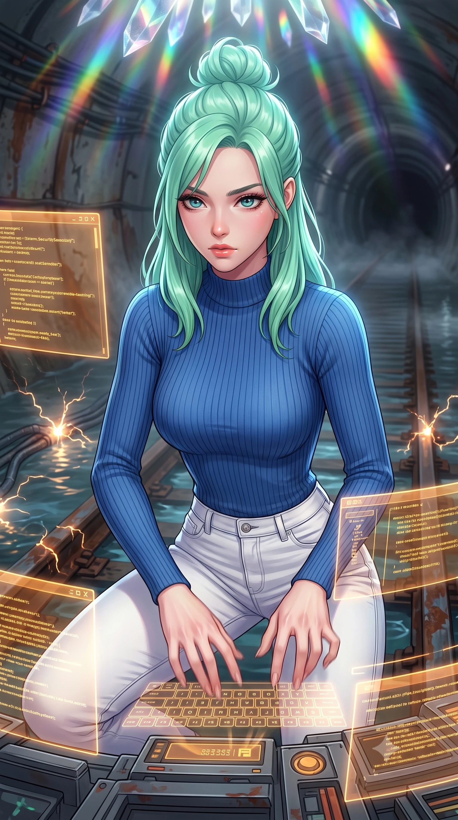 score_9, masterpiece, best quality, ultra-detailed, high-budget anime keyframe, editorial fashion photography, tasteful artistic composition, Japanese woman. close-up cowboy shot from the waist and thighs up, the character dominates the composition, filling the frame with her large presence, background elements kept in soft focus. Hacking a security terminal in a low crouch, fingers moving in a blur as amber code screens surround her. set against a soft-focus background of a flooded subway tunnel with exposed electrical conduits sparking in the water, rusty train tracks stretching into the dark. She has an exceptionally elegant and slender, willowy female figure with an ultra-slim waist, a gracefully sculpted slender torso, and a refined slim physique. sharp v-shaped jawline, high-bridge nose, intricate jewel-like eyes with depth, thick eyelashes, glossy lips with a natural sheen. wearing the lightweight fabric rippling and billowing dramatically with her movement, a body-hugging form-fitting ribbed knit top in French blue, paired with high-waisted white denim trousers that hug her slender legs. highly saturated vibrant anime colors, intense vivid color palette, soft 3D volumetric shading, volumetric dynamic lighting, cascading rainbow prismatic light refracting through crystal formations overhead. 2k, ultra detail, master piece, 9:16 ratio