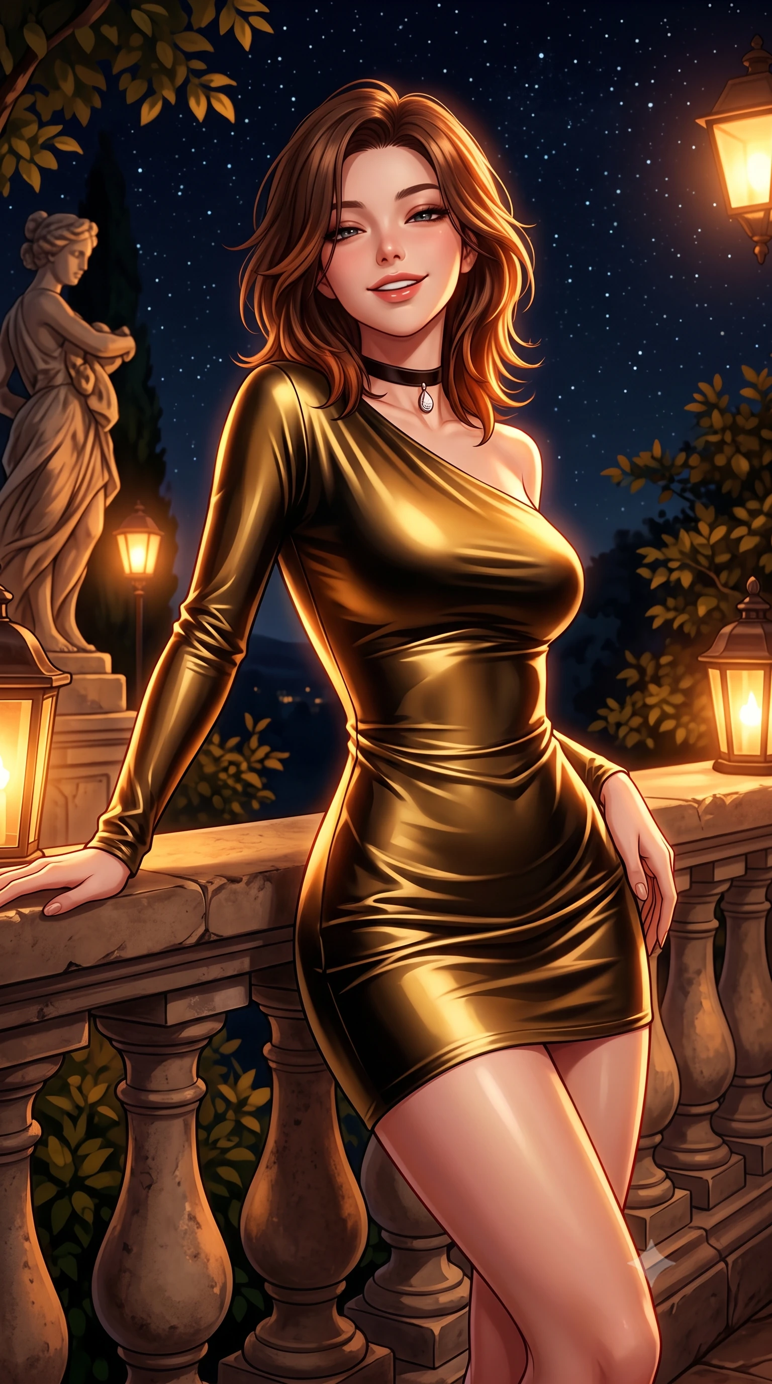 score_9, masterpiece, best quality, ultra-detailed, high-budget anime keyframe, semi-realistic 3D game render, editorial fashion photography, tasteful artistic composition, Korean woman. close-up cowboy shot from the waist and thighs up, the character dominates the composition, filling the frame with her large presence. leaning back against the balustrade with relaxed seductive grace, head tilted back slightly while casting a hypnotic, heavy-lidded gaze while twisting her slender torso in an alluring S-curve beside the artisan sculpture terrace, warm lantern light tracing her flat midriff and curvy hips. The surrounding environment is rendered in vivid detail and crisp panoramic clarity: detailed garment drape, silhouette contours, and historic Provençal stonecraft in razor-sharp precision. She has an exceptionally elegant, slender, and willowy female figure with an ultra-slim waist, flat toned midriff, narrow ribcage, and sculpted feminine hips creating an alluring, slim hourglass silhouette without bulk. sharp v-shaped jawline, high-bridge nose, intricate jewel-like sparkling eyes with depth, thick eyelashes, glossy parted lips with a natural peach sheen, bright cheerful beaming smile with an enchanting and coquettish sensual glint, exuding both youthful cute charm and seductive allure, flawlessly proportioned anatomical accuracy, strict slender model proportions, natural body alignment, perfectly sculpted long slender limbs, ultra-slim waistline, clean dynamic posture without body distortion. wearing a liquid silk jersey asymmetrical long-sleeve cocktail dress clinging flawlessly to her narrow waist and hips in Viennese golden secession noir and imperial 24k gold leaf, crafted from fluid liquid silk satin that clings smoothly to her narrow waist and rounded hips with a dewy sheen, finished with a thin velvet ribbon choker and a single teardrop diamond pendant, the liquid-tight tailored fabric clinging flawlessly to her narrow waist and rounded feminine hips, emphasizing every millimeter of her sculpted slim hourglass curves without any bulky heaviness. bathed in the romantic amber 2200K gas lantern glow contrasted with deep midnight sky and starlight. highly saturated vibrant anime colors, detailed shading with soft gradients, rich glossy textures, high-contrast stereoscopic depth, volumetric dynamic lighting, master piece, 9:16 ratio