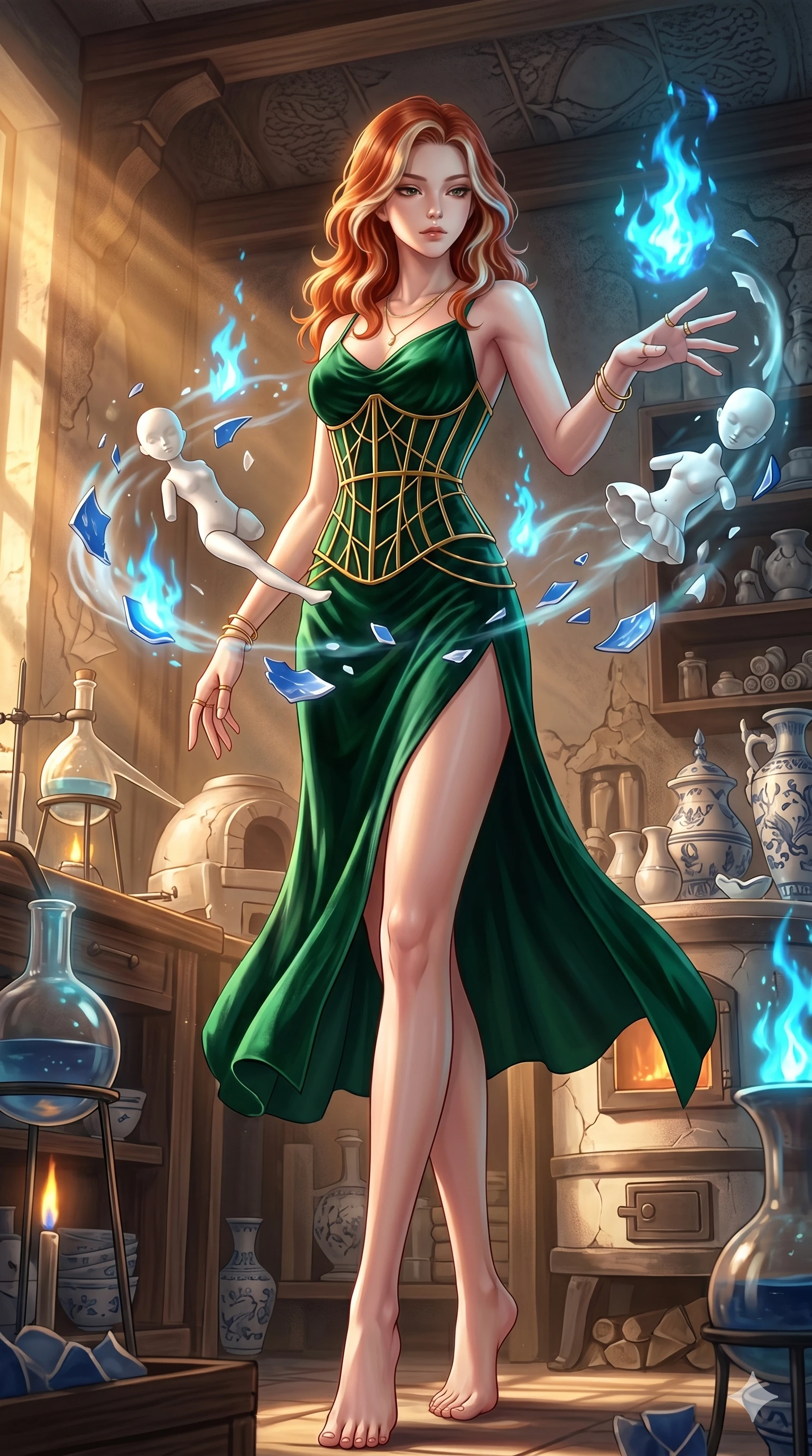 score_9, masterpiece, best quality, ultra-detailed, high-budget anime keyframe, Japanese woman. low angle full-body shot filling the entire 9:16 frame with her statuesque presence, stretching the vertical silhouette. assisting in an alchemical porcelain workshop where floating white bisque doll parts and blue porcelain shards swirl amidst blue alchemical flames. She has an absolutely perfect 8-heads proportion, an exceptionally tall and slender female figure with impossibly long slender legs and an ultra-slim waist. V-shaped jawline, high-bridge nose, intricate jewel-like eyes with depth, thick eyelashes, glossy lips with a natural sheen.. wearing a mathematical gold wire cage corset and an emerald green silk velvet slip dress with a thigh-high side slit. showcasing a beautiful play of light and shadow, with warm golden rays clashing against cool cyan highlights. 2k, ultra detail, master piece, 9:16 ratio