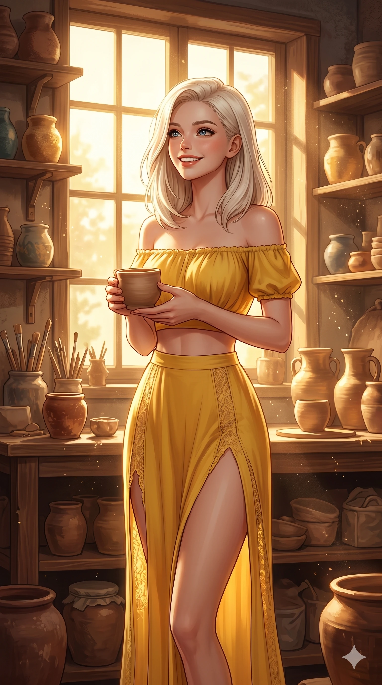 score_9, masterpiece, best quality, ultra-detailed, high-budget anime keyframe, editorial fashion photography, tasteful artistic composition, Caucasian woman, strictly human ears. cowboy shot from the thighs up, character and outfit filling the frame for maximum editorial presence. holding a small clay cup with a happy, beaming smile, looking up with bright eyes inside a ceramic workshop with shelves of sunlit pottery and clay jars. She has an absolutely perfect 8-heads proportion, an exceptionally tall and slender female figure with impossibly long slender legs and an ultra-slim waist. V-shaped jawline, high-bridge nose, intricate jewel-like eyes with depth, thick eyelashes, glossy lips with a natural sheen. wearing a yellow off-shoulder top and a matching high-slit skirt with delicate lace inserts. drenched in warm morning sunshine pouring through a large window, creating a warm atmosphere. 2k, ultra detail, master piece, 9:16 ratio