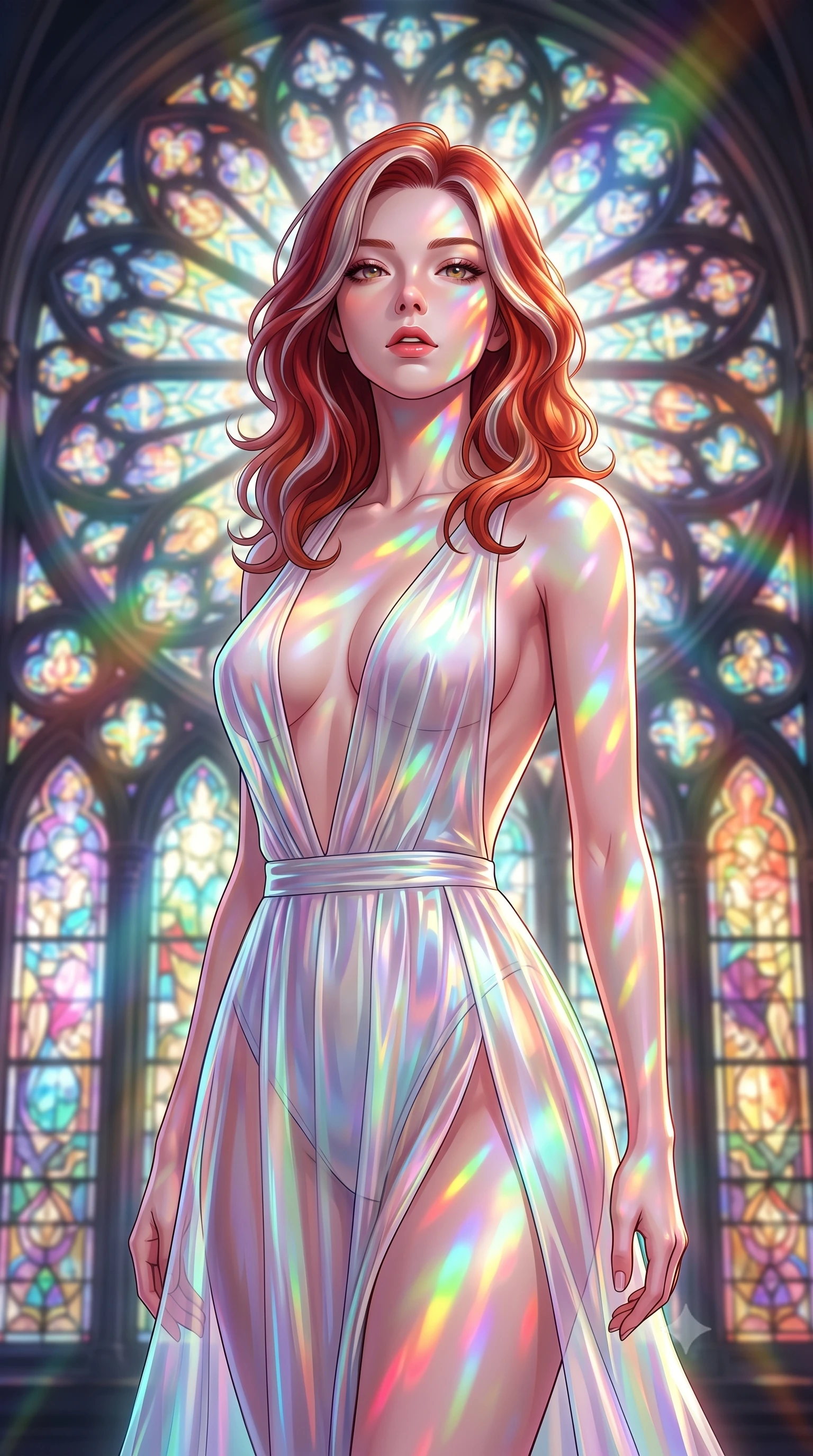 score_9, masterpiece, best quality, ultra-detailed, high-budget anime keyframe, editorial fashion photography, tasteful artistic composition, Caucasian woman. close-up cowboy shot from the waist and thighs up, the character dominates the composition, filling the frame with her large presence, background elements kept in soft focus. Tilting her chin up slightly with lips parted in a magnetic, composed expression standing before a monumental Art Nouveau stained glass rose window, vibrant rainbow light patterns projected across her skin and costume. She has an exceptionally elegant, slender, and willowy female figure with an ultra-slim waist, a gracefully sculpted slender torso, and a refined silhouette. sharp v-shaped jawline, high-bridge nose, intricate jewel-like eyes with depth, thick eyelashes, glossy lips with a natural sheen. wearing a translucent iridescent chiffon gown with a dramatic plunging neckline and open back, the sleek second-skin texture accentuating her magnetic presence. bathed in cascading rainbow prismatic light refracting through stained glass. highly saturated vibrant anime colors, detailed shading with soft gradients, rich glossy textures, high-contrast stereoscopic depth, volumetric dynamic lighting, master piece, 9:16 ratio