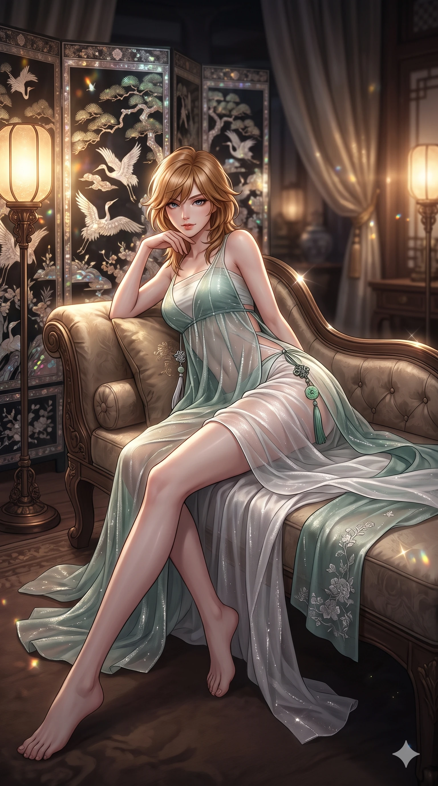 score_9, masterpiece, best quality, ultra-detailed, high-budget anime keyframe, editorial fashion photography, tasteful artistic composition, Korean woman. low angle full-body shot from head to toe showing her feet, filling the entire 9:16 vertical frame with her statuesque presence, stretching her vertical silhouette. reclining gracefully across the plush chaise lounge with one leg extended, her sculpted silhouette and flat midriff radiating magnetic nocturnal glamour while reclining gracefully on an antique silk chaise lounge with legs extended, propped on one elbow with parted glossy lips. The background shows a soft-focus glistening mother-of-pearl cranes and pine inlay patterns, bronze floor lamps, and silk drapes blurred into iridescent pearl, amber, and obsidian bokeh. She has an absolutely perfect, statuesque 8.5-heads proportion, an exceptionally tall and slender model-like female figure with impossibly long slender legs, an ultra-slim waist, a flat toned midriff, narrow delicate ribcage, and beautifully sculpted feminine hips creating a graceful, slim hourglass silhouette without any bulky heaviness. sharp v-shaped jawline, high-bridge nose, sparkling eyes with hypnotic seductive depth, thick curled eyelashes, glossy parted lips with a natural dewy peach sheen, alluring bedroom-eyes with an enchanting coquettish smile, exuding magnetic siren charisma and sophisticated glamour, flawlessly proportioned anatomical accuracy, strict slender model proportions, natural body alignment, perfectly sculpted long slender limbs, ultra-slim waistline, clean dynamic posture without body distortion. wearing a delicately layered semi-sheer gossamer nobang hanbok slip dress revealing her sculpted silhouette over an opaque micro-bandeau and briefs in moonlit jade green and pure alabaster white with silver accents, woven from metallic lurex thread casting radiant starlight glints across her silhouette, finished with authentic carved jade pendants and traditional norigae knots, the precision-cut side openings and low-back scoop framing her graceful spine and the sensual sweep of her slim, toned hips. illuminated by mother-of-pearl screen iridescence bounce and sharp gold-pearl rim lights sculpting her razor-sharp jawline, narrow waist, and curvy hips. ultra-reflective glossy finish, specular highlights, rich textural contrasts, high-contrast stereoscopic depth, volumetric dynamic lighting, 2k, ultra detail, master piece, 9:16 ratio