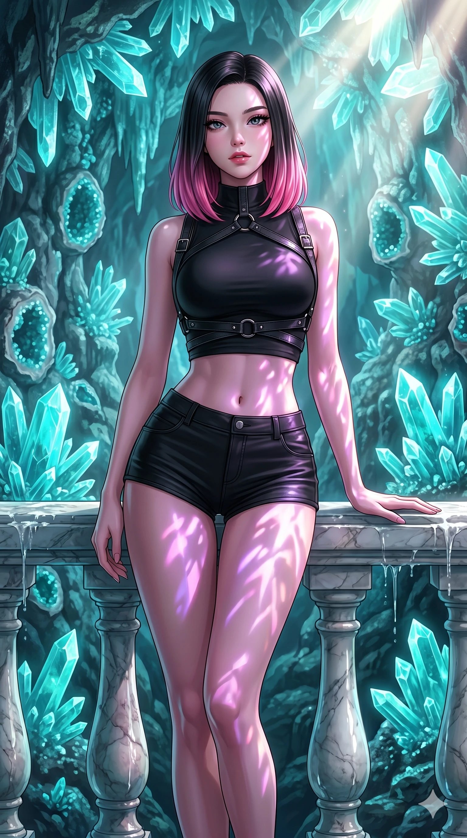 score_9, masterpiece, best quality, ultra-detailed, high-budget anime keyframe, editorial fashion photography, tasteful artistic composition, Korean woman. cowboy shot from the thighs up, character and outfit filling the frame for maximum editorial presence. resting one hand on the marble railing, looking at the lens inside a hidden grotto filled with glowing turquoise crystal geodes (Code-P18-115). She has an absolutely perfect 8-heads proportion, an exceptionally tall and slender female figure with impossibly long slender legs and an ultra-slim waist. V-shaped jawline, high-bridge nose, intricate jewel-like eyes with depth, thick eyelashes, glossy lips with a natural sheen. wearing a leather harness over a crop top and micro-shorts. drenched in brilliant morning sunshine, casting violet-pink patterns on her skin. 2k, ultra detail, master piece, 9:16 ratio