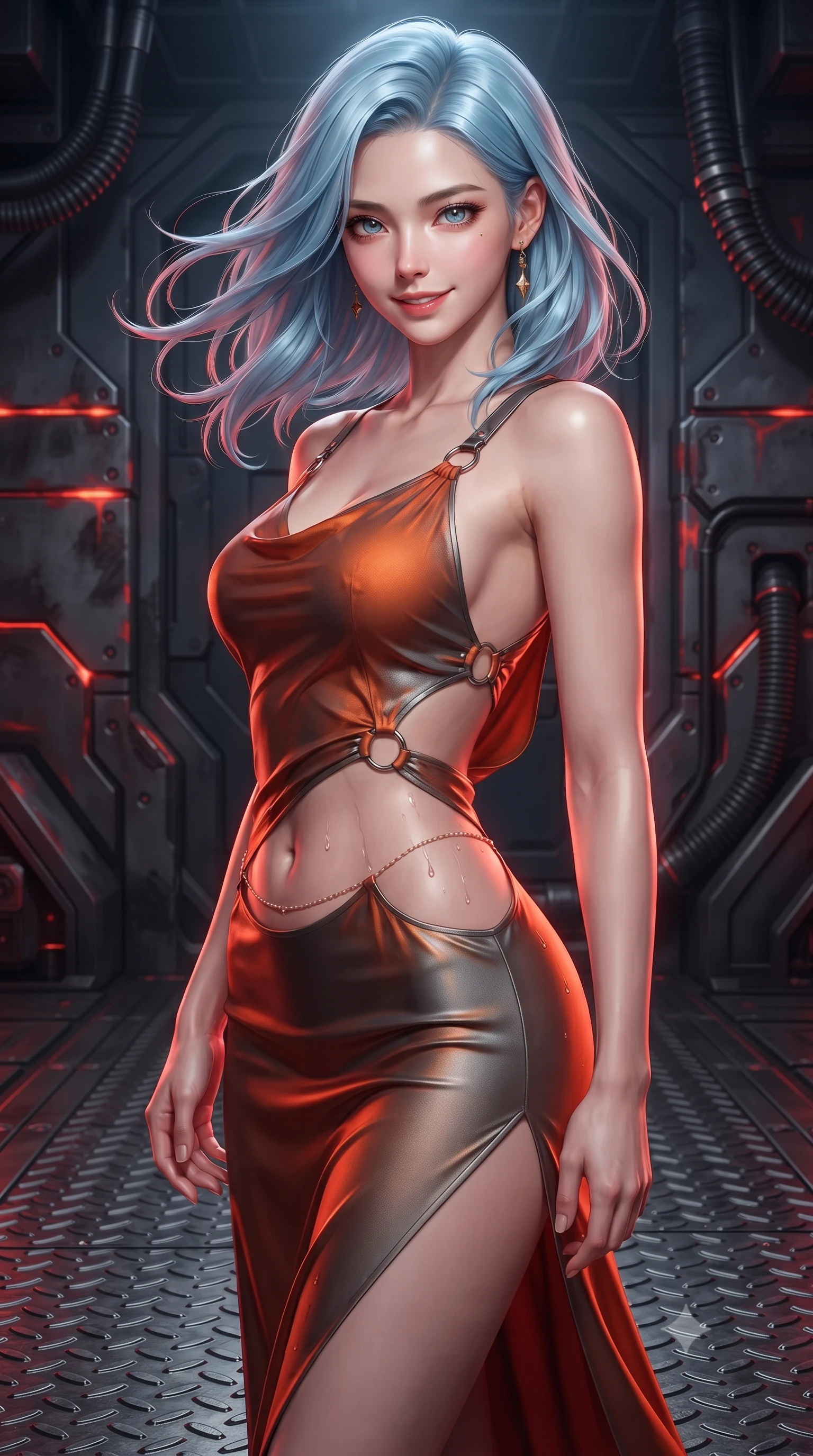 score_9, masterpiece, best quality, ultra-detailed, high-budget anime keyframe, editorial fashion photography, tasteful artistic composition, Korean woman. close-up cowboy shot from the waist and thighs up, the character dominates the composition, filling the frame with her large presence. turning slowly with an enchanting smoldering smile, her glossy hair tossing in the breeze as her hips angle gracefully in a captivating contrapposto while twisting her slender torso in an alluring contrapposto stance beside the slag skimming crane, incandescent crimson magma light caressing her narrow waist and curvy hips. The surrounding environment is rendered in vivid detail and crisp panoramic clarity: sharp heavy-gauge steel diamond tread, glowing red weld seams on armor plates, and heavy hydraulic cooling conduits in deep focus. She has an exceptionally elegant, slender, and willowy female figure with an ultra-slim waist, flat toned midriff, narrow ribcage, and sculpted feminine hips creating an alluring, slim hourglass silhouette without bulk. sharp v-shaped jawline, high-bridge nose, intricate jewel-like sparkling eyes with depth, thick eyelashes, glossy parted lips with a natural peach sheen, bright cheerful beaming smile with an enchanting and coquettish sensual glint, exuding both youthful cute charm and seductive allure, flawlessly proportioned anatomical accuracy, strict slender model proportions, natural body alignment, perfectly sculpted long slender limbs, ultra-slim waistline, clean dynamic posture without body distortion. wearing a form-contouring gossamer silk chiffon combat slip dress with a hip-high slit and open cowl back clinging with dewy moisture in volcanic ember orange and brushed gunmetal, adorned with delicate chrome ring hardware and cutouts along her slender waist, accented with a dainty gold belly chain resting across her flat midriff and curving hips, the form-contouring silhouette accentuating her sculpted flat midriff, narrow delicate ribcage, and gracefully curvy hips with intoxicating allure. illuminated by molten slag reflection bounce and sharp copper-gold rim lights sculpting her razor-sharp jawline, narrow waist, and curvy hips. ultra-reflective glossy finish, specular highlights, rich textural contrasts, high-contrast stereoscopic depth, volumetric dynamic lighting, 2k, ultra detail, master piece, 9:16 ratio