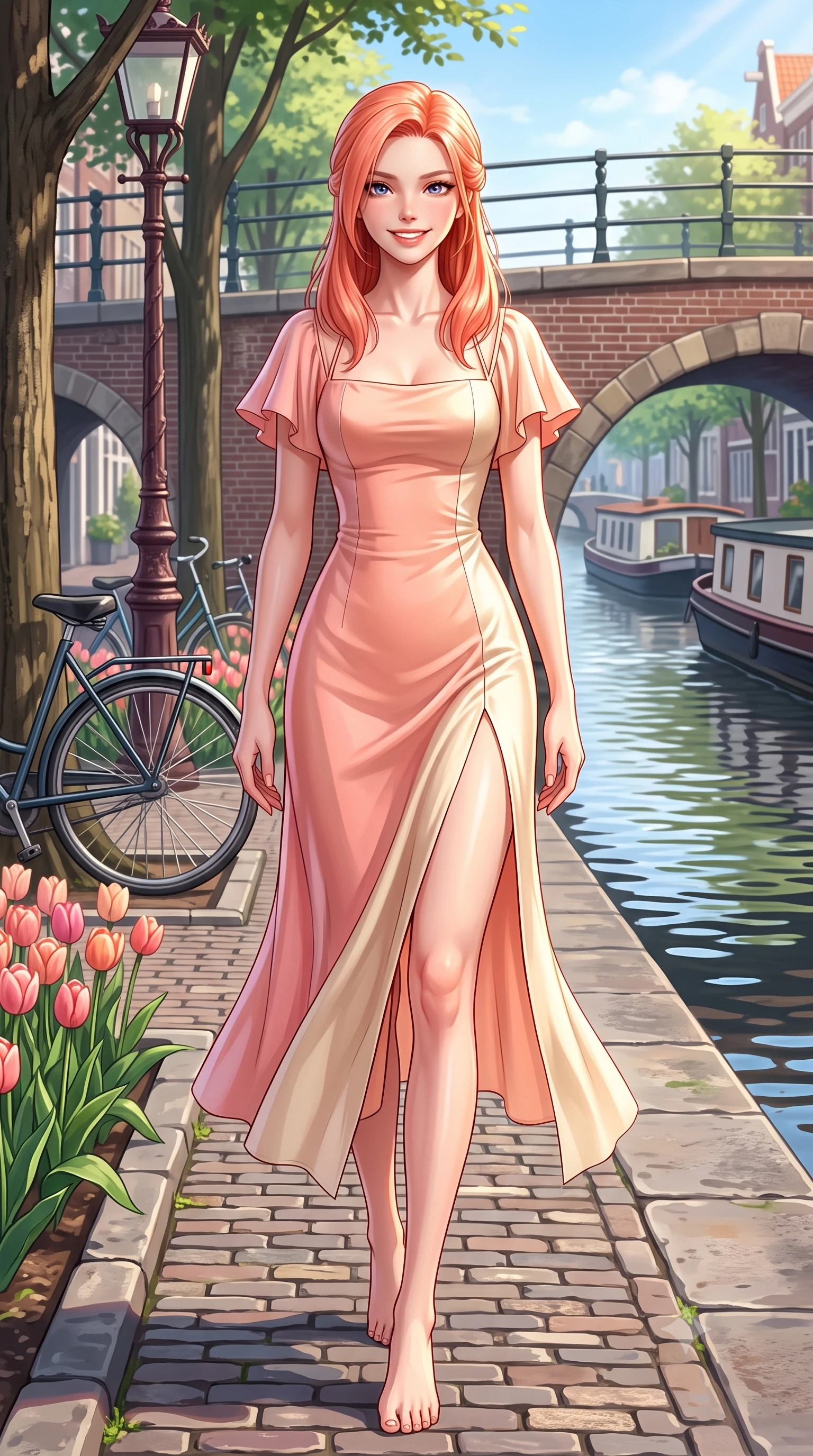 score_9, masterpiece, best quality, ultra-detailed, high-budget anime keyframe, semi-realistic 3D game render, editorial fashion photography, tasteful artistic composition, Japanese woman. low angle full-body shot from head to toe showing her feet, filling the entire 9:16 vertical frame with her statuesque presence, stretching her vertical silhouette. stepping forward gracefully in mid-motion with a radiant beaming smile, hips swaying in an alluring kinetic rhythm that accentuates her curvy hourglass silhouette and long slender legs while walking along the tree-lined cobblestone quay, her chic real-way outfit hugging her narrow waist and curvy hips as houseboats glide by. The surrounding environment is rendered in vivid detail and crisp panoramic clarity. sharp brick masonry on bridge arches, bicycle spoke reflections, and tulip blossom textures in deep focus. She has an exceptionally tall and slender model-like 8.5-heads proportion, an ultra-slim waist, a flat toned midriff, narrow delicate ribcage, and beautifully sculpted feminine hips creating a graceful, slim hourglass silhouette without any bulky heaviness, with impossibly long slender legs. sharp v-shaped jawline, high-bridge nose, intricate jewel-like sparkling eyes with depth, thick eyelashes, glossy parted lips with a natural peach sheen, bright cheerful beaming smile with an enchanting and coquettish sensual glint, exuding both youthful cute charm and seductive allure, flawlessly proportioned anatomical accuracy, strict slender model proportions, natural body alignment, perfectly sculpted long slender limbs, ultra-slim waistline, clean dynamic posture without body distortion. wearing a breezy silk-satin slip dress featuring a thigh-high side slit ascending to the high hip and criss-cross back straps in pastel peach blossom pink and warm champagne ivory, made of sheer contouring stretch lace with delicate floral patterns, featuring elegant flutter sleeves and a graceful square neckline, the high-waisted tailoring accentuating her ultra-slim waistline and the enchanting curve of her feminine hips with alluring charm. bathed in crisp, sparkling morning sunlight reflecting off calm canal waters. highly saturated vibrant anime colors, detailed shading with soft gradients, rich glossy textures, high-contrast stereoscopic depth, volumetric dynamic lighting, master piece, 9:16 ratio