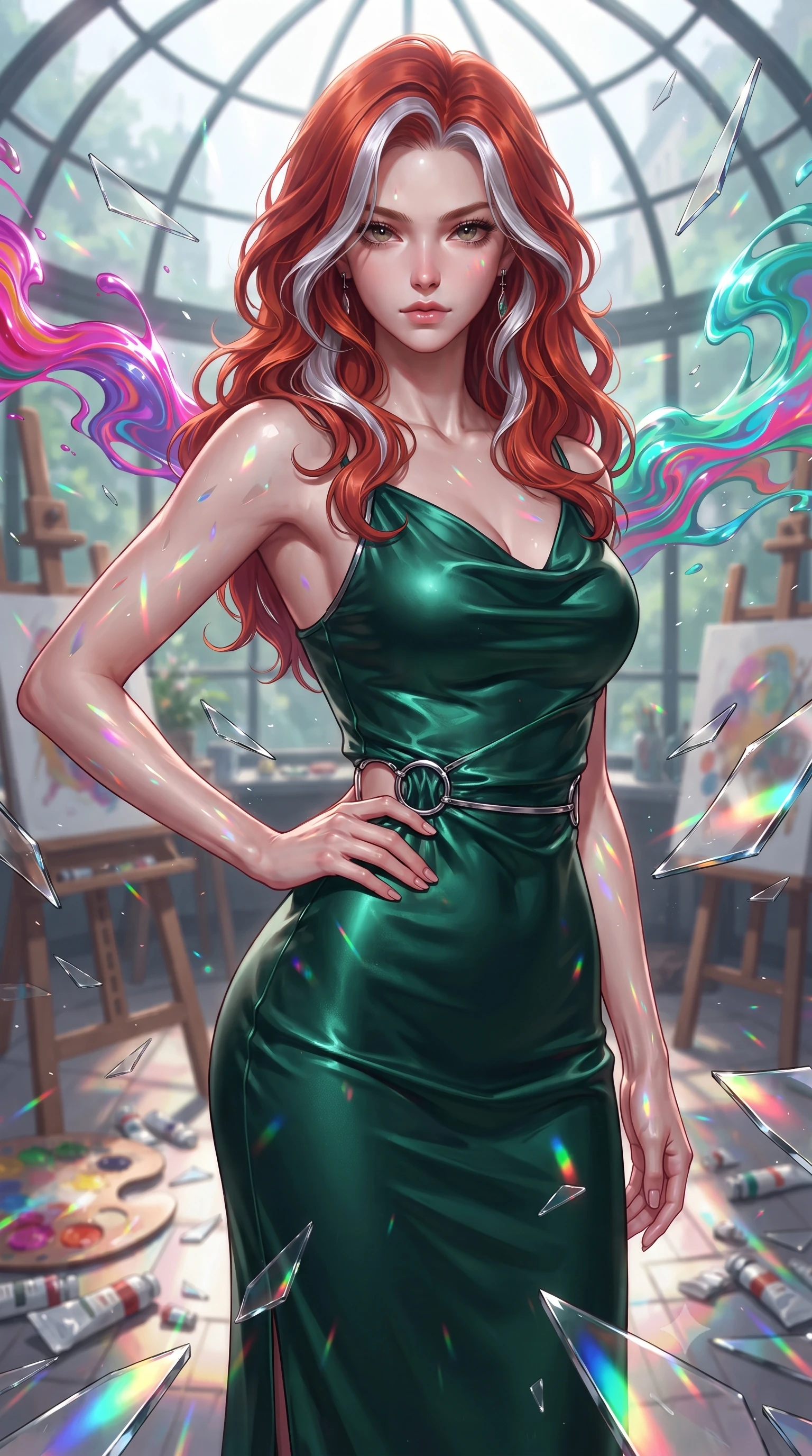 score_9, masterpiece, best quality, ultra-detailed, high-budget anime keyframe, editorial fashion photography, tasteful artistic composition, Caucasian woman. close-up cowboy shot from the waist and thighs up, the character dominates the composition, filling the frame with her large presence, background elements kept in soft focus. Holding a confident power pose with one hand on her hip, gazing directly into the camera with quiet intensity standing inside a glass-domed art atelier filled with floating liquid paint swirls, shattered mirror shards scattering brilliant rainbow reflections everywhere. She has an exceptionally elegant, slender, and willowy female figure with an ultra-slim waist, a gracefully sculpted slender torso, and a refined silhouette. sharp v-shaped jawline, high-bridge nose, intricate jewel-like eyes with depth, thick eyelashes, glossy lips with a natural sheen. wearing an elegant cowl-neck satin midi dress with a draped neckline in deep emerald green and silver accent, made of premium stretch velvet with a rich sheen, accented with delicate chrome ring hardware framing her waist, the sleek second-skin texture accentuating her magnetic presence. surrounded by a radiant glow of magenta and aqua fluid highlights. ultra-reflective glossy finish, specular highlights, metallic sheen, high-contrast stereoscopic depth, volumetric dynamic lighting, 2k, ultra detail, master piece, 9:16 ratio