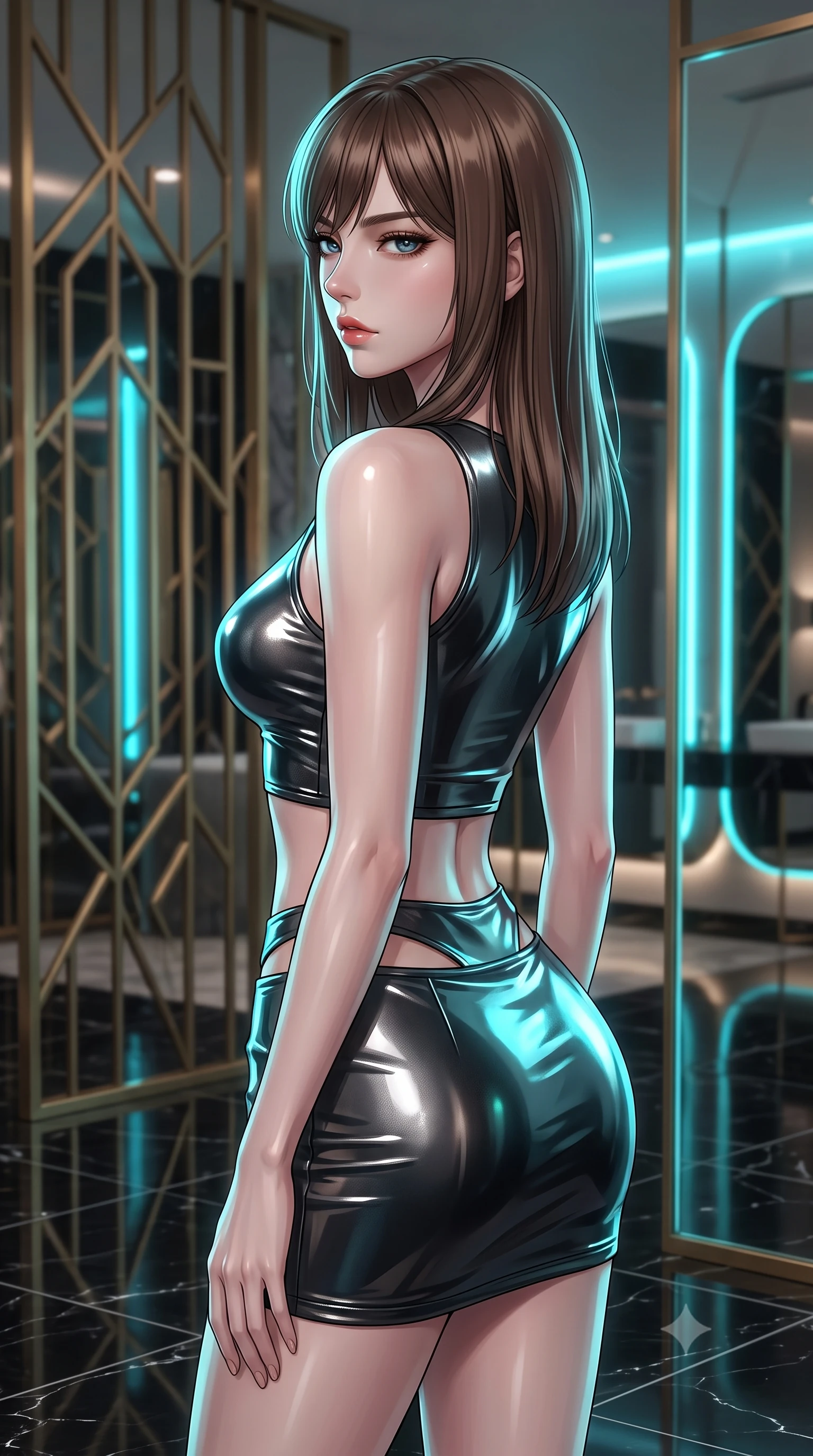 score_9, masterpiece, best quality, ultra-detailed, high-budget anime keyframe, editorial fashion photography, tasteful artistic composition, Korean woman. close-up cowboy shot from the waist and thighs up, the character dominates the composition, filling the frame with her large presence, background elements kept in soft focus. turning her face in profile to look over her shoulder, casting a smoldering side gaze with lips slightly parted, the background shows a soft-focus a solarium lobby with geometric brass screens and black marble floors. She has an exceptionally elegant, slender, and willowy female figure with an ultra-slim waist, a gracefully sculpted slender torso, and a refined silhouette. sharp v-shaped jawline, high-bridge nose, intricate jewel-like eyes with depth, thick eyelashes, glossy lips with a natural sheen. wearing a body-hugging modern carbon-alloy crop top paired with a low-rise tactical skirt and a subtle waist cut-out. neon cyan lights refracting off mirrors and her glossy outfit surface. ultra-reflective glossy finish, specular highlights, metallic sheen, high-contrast stereoscopic depth, volumetric dynamic lighting, 2k, ultra detail, master piece, 9:16 ratio