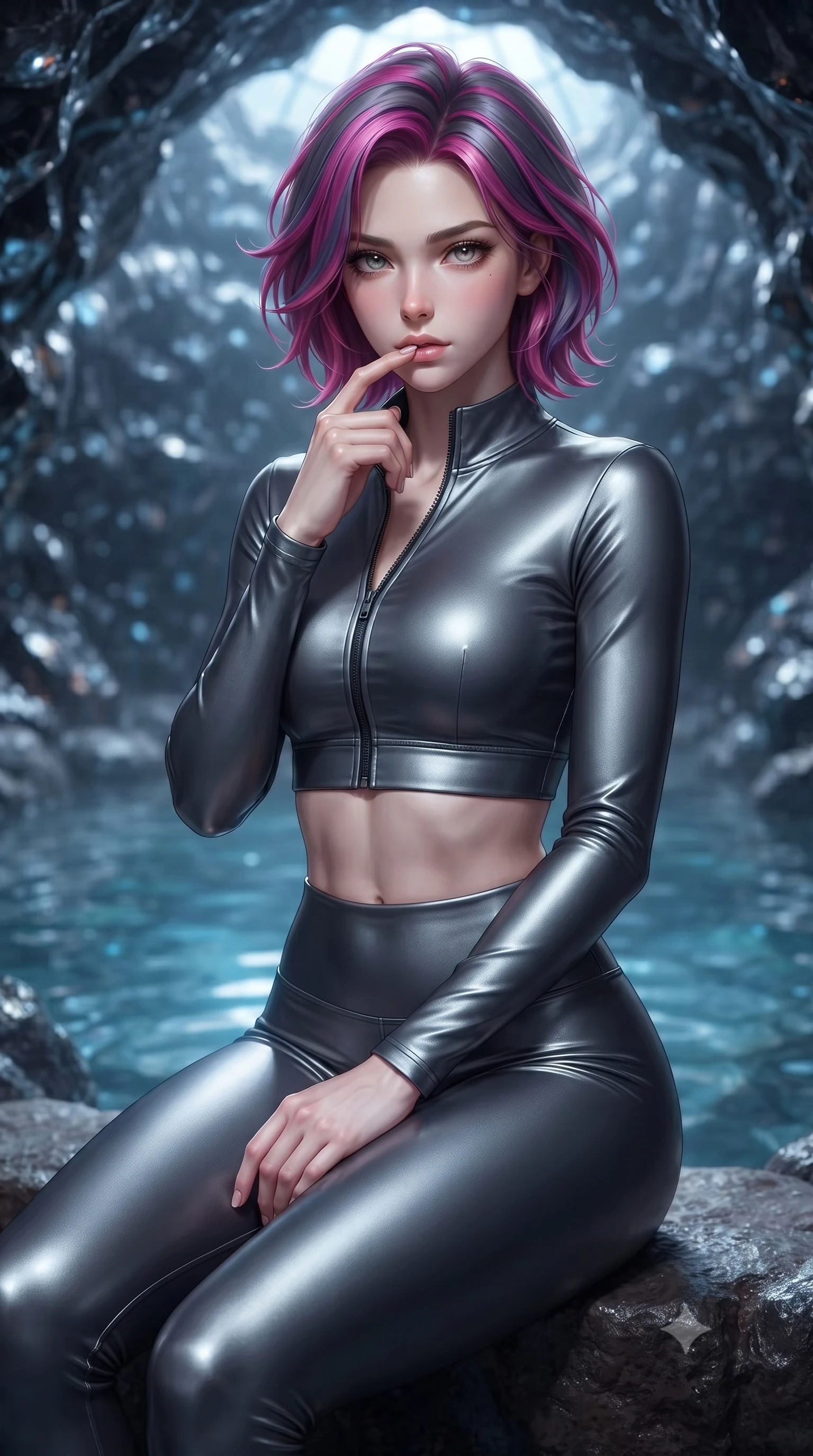score_9, masterpiece, best quality, ultra-detailed, high-budget anime keyframe, editorial fashion photography, tasteful artistic composition, Caucasian woman. close-up cowboy shot from the waist and thighs up, the character dominates the composition, filling the frame with her large presence, background elements kept in soft focus. pressing one finger to her bottom lip in a thoughtful, composed gesture, locking eyes with the viewer, the background shows a soft-focus a cave hot spring pool built inside a natural volcanic glass dome. She has an exceptionally elegant, slender, and willowy female figure with an ultra-slim waist, a gracefully sculpted slender torso, and a refined silhouette. sharp v-shaped jawline, high-bridge nose, intricate jewel-like eyes with depth, thick eyelashes, glossy lips with a natural sheen. wearing a tailored body-hugging high-neck activewear set of a zipped long-sleeve crop top and matching leggings in carbon-grey. soft blue light reflecting from the pool water onto rock walls and her skin. ultra-reflective glossy finish, specular highlights, metallic sheen, high-contrast stereoscopic depth, volumetric dynamic lighting, 2k, ultra detail, master piece, 9:16 ratio