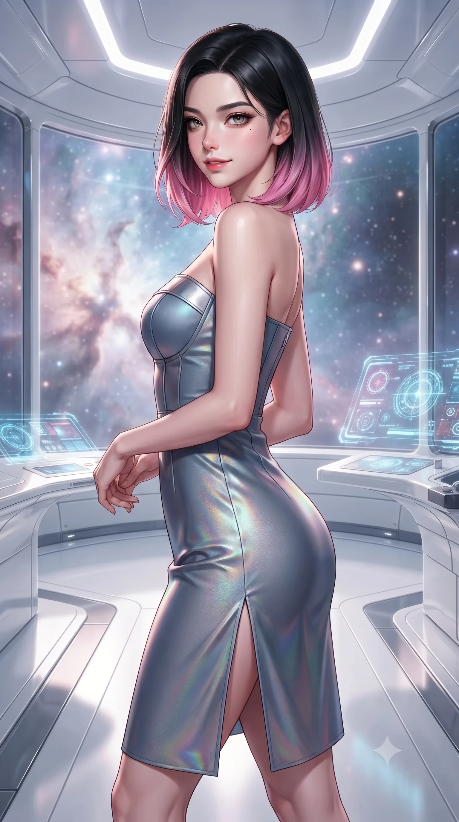 score_9, masterpiece, best quality, ultra-detailed, high-budget anime keyframe, editorial fashion photography, tasteful artistic composition, Korean woman. close-up cowboy shot from the waist and thighs up, the character dominates the composition, filling the frame with her large presence, background elements kept in soft focus. Glancing sidelong over her shoulder with a smoldering half-smile and heavy lashes standing inside a high-tech observatory with panoramic glass views of a nebula, sleek reflective white and chrome surfaces emphasizing ultra-clean lines. She has an exceptionally elegant, slender, and willowy female figure with an ultra-slim waist, a gracefully sculpted slender torso, and a refined silhouette. sharp v-shaped jawline, high-bridge nose, intricate jewel-like eyes with depth, thick eyelashes, glossy lips with a natural sheen. wearing a modern fusion silk hanbok dress with a structured bodice in slate blue and metallic silver, crafted from iridescent chiffon that shifts colors in the light, finished with a sleek side slit ascending to mid-thigh, the tailored fabric tightly following every curve of her athletic build. illuminated by radiant cosmic nebula light and glowing holographic displays. ultra-reflective glossy finish, specular highlights, metallic sheen, high-contrast stereoscopic depth, volumetric dynamic lighting, 2k, ultra detail, master piece, 9:16 ratio