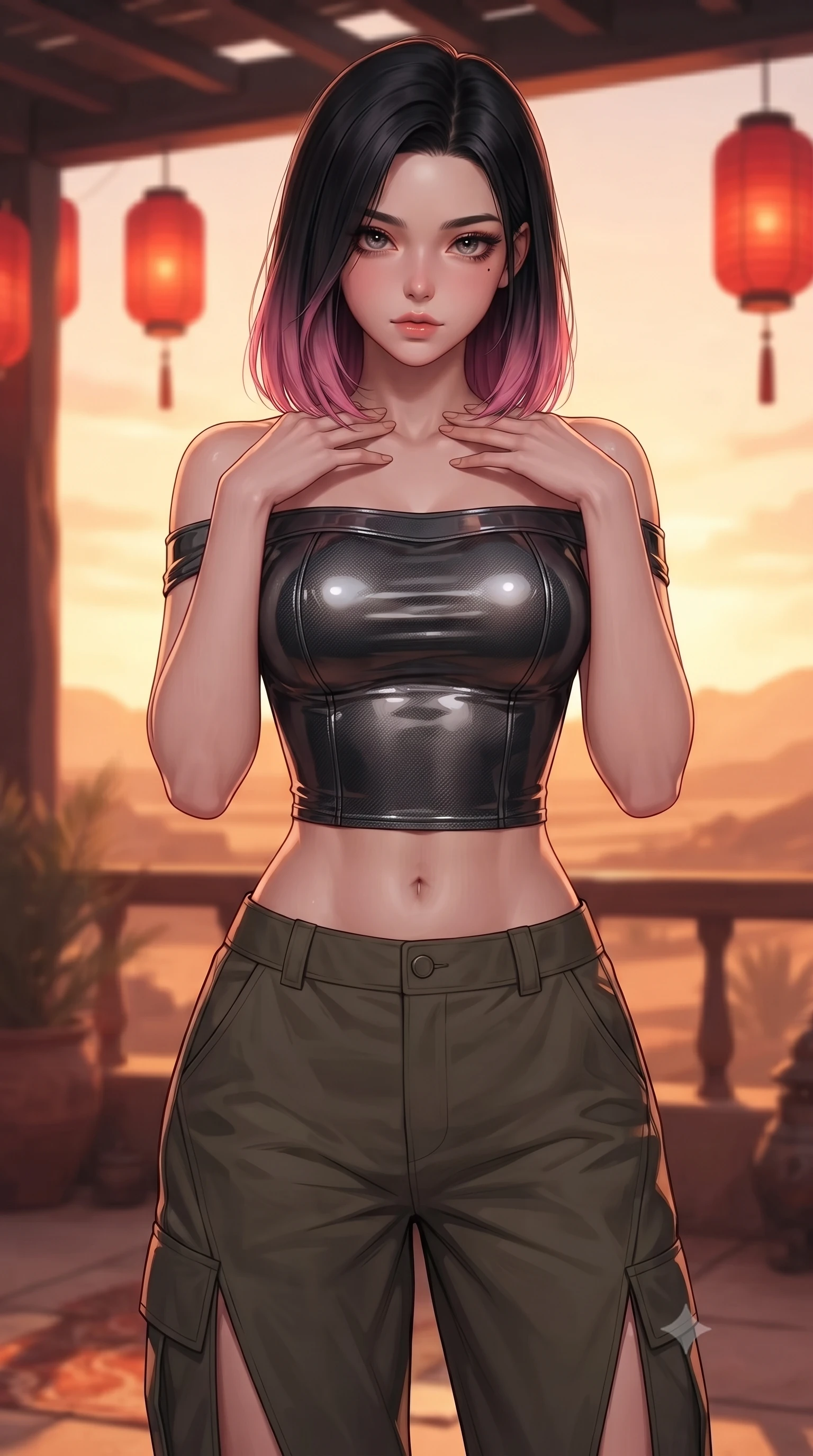 score_9, masterpiece, best quality, ultra-detailed, high-budget anime keyframe, editorial fashion photography, tasteful artistic composition, Korean woman. close-up cowboy shot from the waist and thighs up, the character dominates the composition, filling the frame with her large presence, background elements kept in soft focus. standing in a relaxed, elegant posture with both hands resting lightly on her collarbone, looking at the viewer with bedroom-eyes, the background shows a soft-focus a desert oasis balcony with red lanterns hanging from carbon beams. She has an exceptionally elegant, slender, and willowy female figure with an ultra-slim waist, a gracefully sculpted slender torso, and a refined silhouette. sharp v-shaped jawline, high-bridge nose, intricate jewel-like eyes with depth, thick eyelashes, glossy lips with a natural sheen. wearing a body-hugging off-shoulder carbon-fiber armor top paired with high-slit tactical cargo pants, showing her delicately sculpted midriff. warm sunset light casting a peaceful, cozy orange wash on her figure. ultra-reflective glossy finish, specular highlights, metallic sheen, high-contrast stereoscopic depth, volumetric dynamic lighting, 2k, ultra detail, master piece, 9:16 ratio