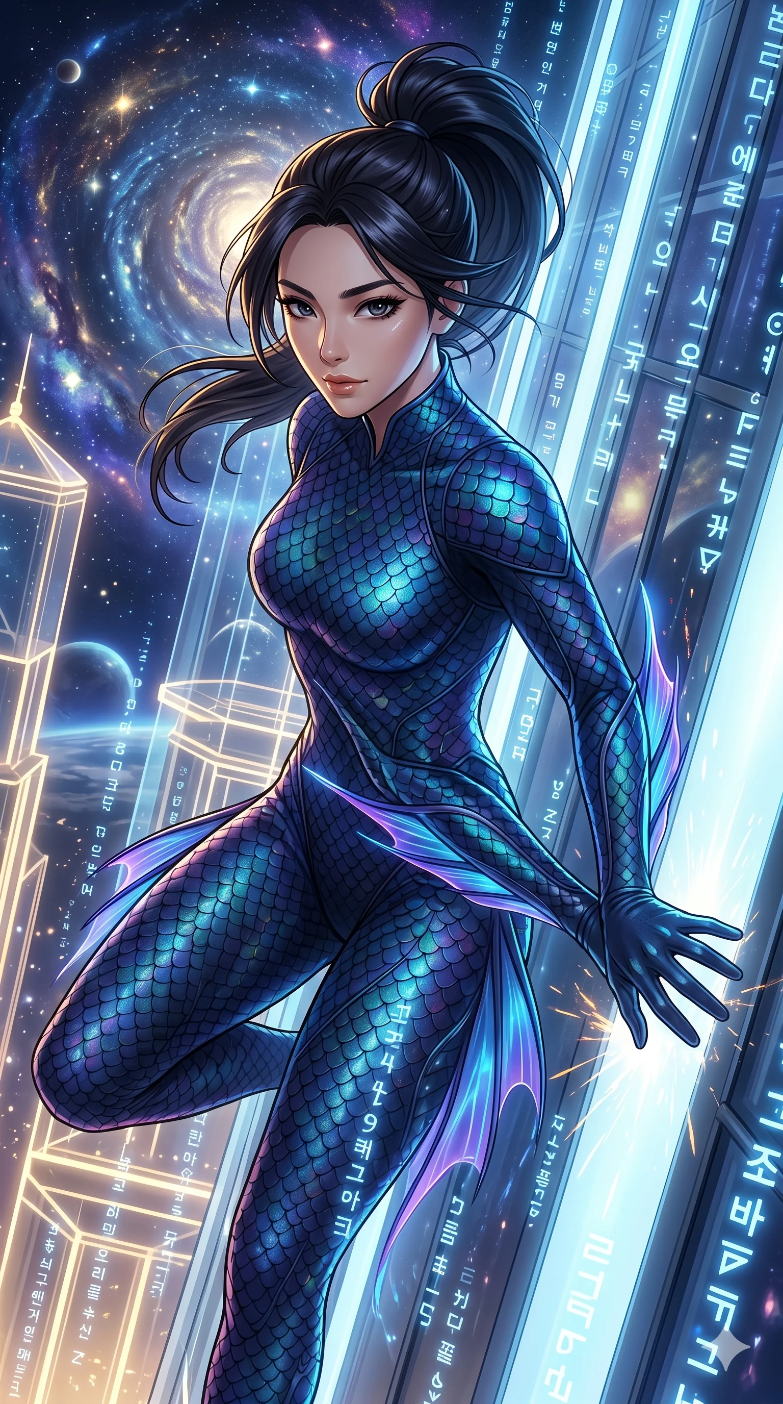score_9, masterpiece, best quality, ultra-detailed, Set A: High-budget Anime Keyframe, Korean woman. Upper body close-up from the thighs up, character filling the screen for maximum presence. Theme: Abstract Cosmic. sliding down a glass skyscraper in a temple made of solid light, as a digital rain of 147 symbols washes over her. The atmosphere is filled with a swirling vortex of stars. She has an absolutely perfect 8-heads proportion, an exceptionally tall and slender female figure with impossibly long slender legs and an ultra-slim waist. Sharp v-shaped jawline, high-bridge nose, intricate jewel-like eyes with depth, glossy lips. Wearing Deep-sea siren bodysuit with iridescent scales and glowing translucent fins. Cinematic lighting, vivid colors, dramatic shadows, 2k, ultra detail, master piece, 9:16 ratio