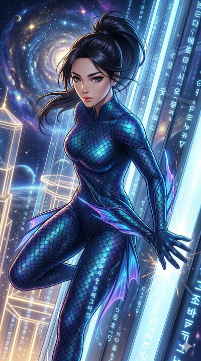 score_9, masterpiece, best quality, ultra-detailed, Set A: High-budget Anime Keyframe, Korean woman. Upper body close-up from the thighs up, character filling the screen for maximum presence. Theme: Abstract Cosmic. sliding down a glass skyscraper in