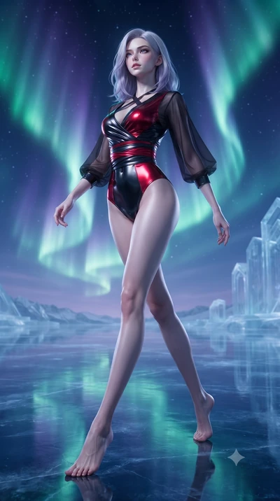 score_9, masterpiece, best quality, ultra-detailed, high-budget anime keyframe, editorial fashion photography, tasteful artistic composition, Caucasian woman. low angle full-body shot from head to toe showing her feet, filling the entire 9:16 vertica
