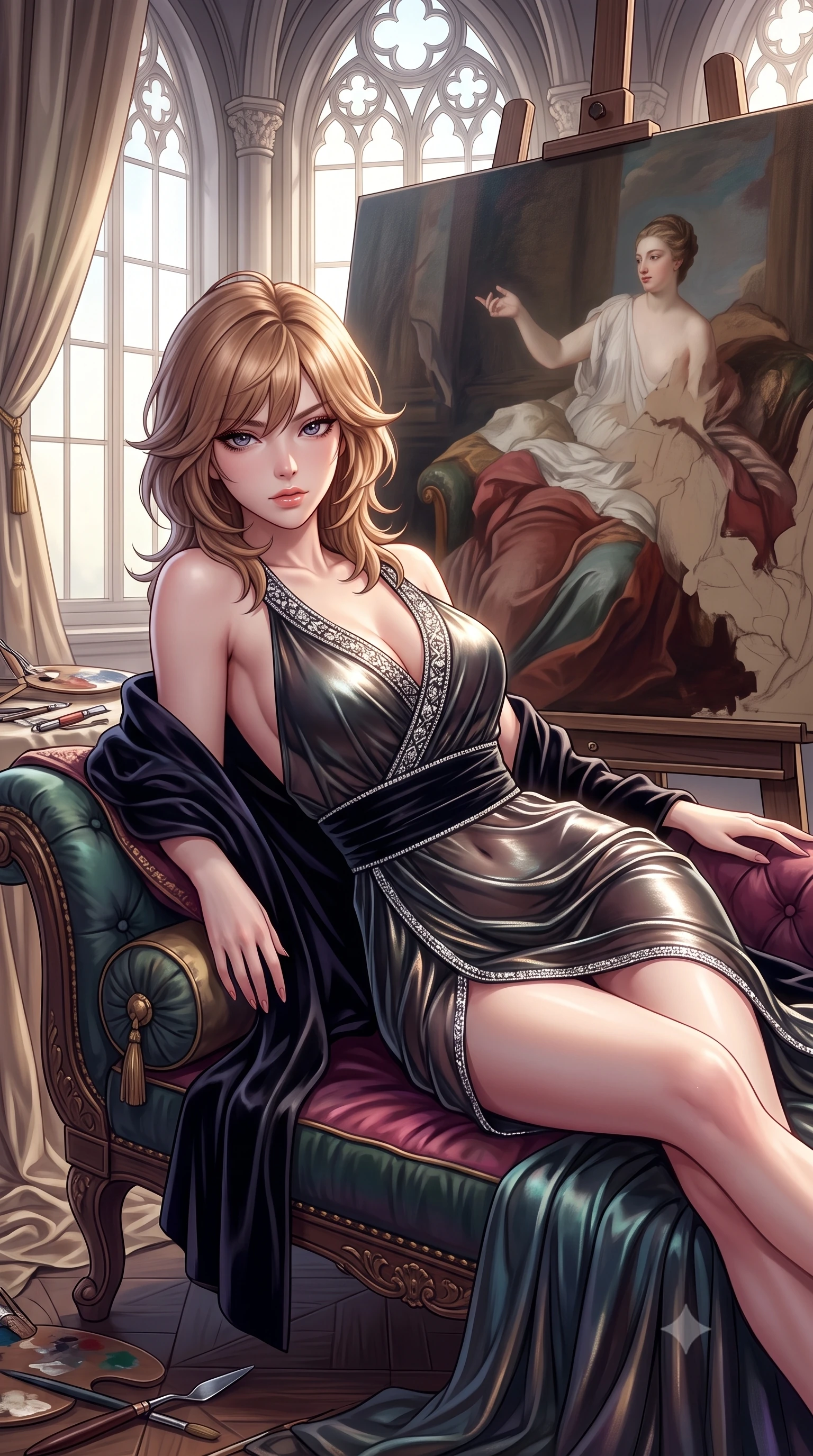 score_9, masterpiece, best quality, ultra-detailed, high-budget anime keyframe, semi-realistic 3D game render, editorial fashion photography, tasteful artistic composition, Korean woman. close-up cowboy shot from the waist and thighs up, the character dominates the composition, filling the frame with her large presence. leaning back with relaxed seductive grace, her sculpted collarbones and narrow waist highlighted as she casts smoldering bedroom-eyes directly into the camera while reclining languidly on an antique tufted silk chaise lounge before a colossal Renaissance easel, arching her back with supermodel grace. The surrounding environment is rendered in vivid detail and crisp panoramic clarity. detailed silk dress drape folds, artist palette knife details, and window light gradients in high resolution. She has an exceptionally elegant, slender, and willowy female figure with an ultra-slim waist, flat toned midriff, narrow ribcage, and sculpted feminine hips creating an alluring, slim hourglass silhouette without bulk. sharp v-shaped jawline, high-bridge nose, intricate jewel-like eyes with depth, thick eyelashes, glossy parted lips with a natural sheen, intensely captivating and seductive bedroom-eyes expression, flawlessly proportioned anatomical accuracy, strict slender model proportions, natural body alignment, perfectly sculpted long slender limbs, ultra-slim waistline, clean dynamic posture without body distortion. wearing a delicate semi-translucent silk yukata that clings to her wet skin and curvy hip contours in pitch-black velvet with diamond crystal trim, crafted from luxurious metallic lamé that shifts radiance with every step, complemented by a plush velvet shawl draped loosely over her elbows, the liquid-tight tailored fabric clinging flawlessly to her narrow waist and rounded feminine hips, emphasizing every millimeter of her sculpted slim hourglass curves without any bulky heaviness. bathed in dramatic natural north skylight streaming through cathedral windows (Chiaroscuro North Light). highly saturated vibrant anime colors, detailed shading with soft gradients, rich glossy textures, high-contrast stereoscopic depth, volumetric dynamic lighting, master piece, 9:16 ratio
