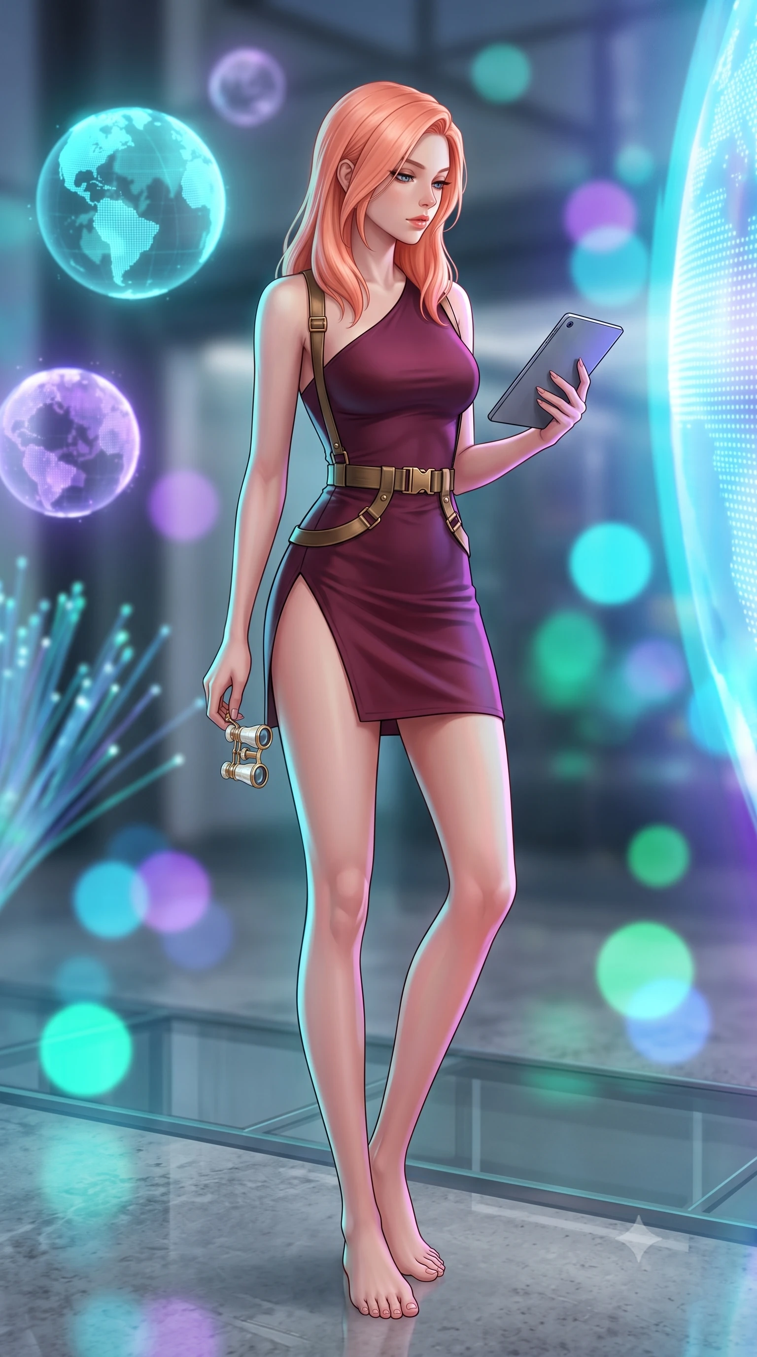 score_9, masterpiece, best quality, ultra-detailed, high-budget anime keyframe, semi-realistic 3D game render, editorial fashion photography, tasteful artistic composition, Japanese woman. low angle full-body shot from head to toe showing her feet, filling the entire 9:16 vertical frame with her statuesque presence, stretching her vertical silhouette. sitting poised on the stone steps with one knee bent, arching her spine with supermodel elegance as she glances upward through thick eyelashes while lounging in the swivel ergonomic command chair with legs crossed, holding a micro-tablet with effortless sovereign hacker authority. The background shows a soft-focus floating holographic globe projections, blinking fiber-optic server lights, and glass partitions blurred into cyan, violet, and emerald bokeh. She has an absolutely perfect, statuesque 8.5-heads proportion, an exceptionally tall and slender model-like female figure with impossibly long slender legs, an ultra-slim waist, a flat toned midriff, narrow delicate ribcage, and beautifully sculpted feminine hips creating a graceful, slim hourglass silhouette without any bulky heaviness. sharp v-shaped jawline, high-bridge nose, sparkling eyes with hypnotic seductive depth, thick curled eyelashes, glossy parted lips with a natural dewy peach sheen, alluring bedroom-eyes with an enchanting coquettish smile, exuding magnetic siren charisma and sophisticated glamour, flawlessly proportioned anatomical accuracy, strict slender model proportions, natural body alignment, perfectly sculpted long slender limbs, ultra-slim waistline, clean dynamic posture without body distortion. wearing an asymmetric one-shoulder tactical compression mini dress with a dramatic hip-high slit and utility harness belt in smoky bordeaux wine and gilded bronze, crafted from second-skin technical compression fabric with moisture-wicking stretch, accented with an antique mother-of-pearl opera glass held casually in one hand, the second-skin tailored fabric adhering flawlessly to her sculpted flat midriff and slender torso, emphasizing her long leg lines and perfectly proportioned willowy build. bathed in dynamic cyan and ultraviolet illumination radiating from giant holographic displays. highly saturated vibrant anime colors, detailed shading with soft gradients, rich glossy textures, high-contrast stereoscopic depth, volumetric dynamic lighting, master piece, 9:16 ratio