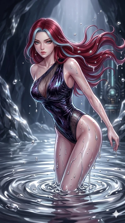 score_9, masterpiece, best quality, ultra-detailed, High-budget Anime Keyframe, East Asian woman. Dynamic full-body shot stretching the vertical silhouette to the limit. Scenario 284: Rising from a pool of mercury-like liquid, droplets rolling off he