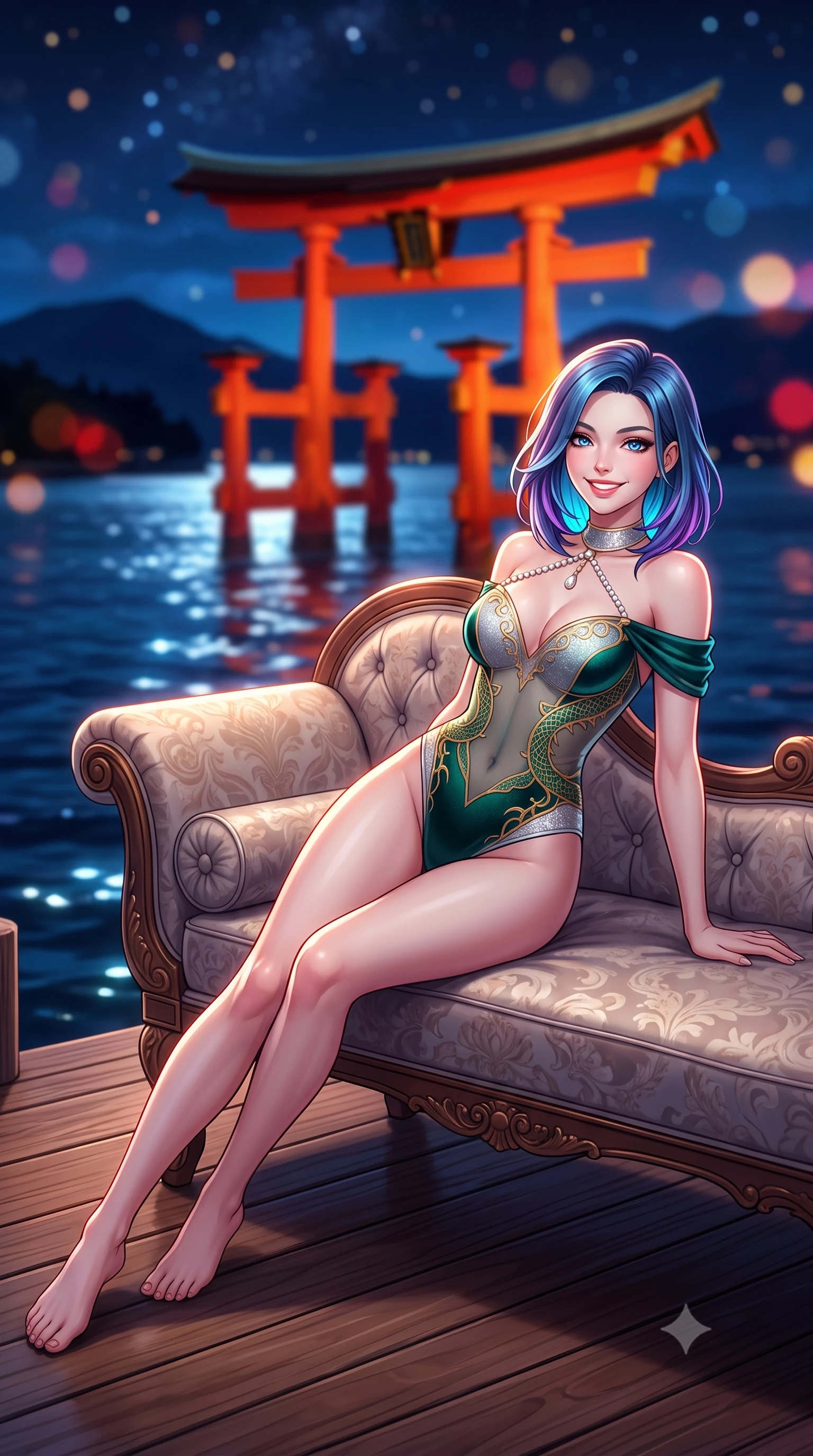 score_9, masterpiece, best quality, ultra-detailed, high-budget anime keyframe, semi-realistic 3D game render, editorial fashion photography, tasteful artistic composition, Caucasian woman. low angle full-body shot from head to toe showing her feet, filling the entire 9:16 vertical frame with her statuesque presence, stretching her vertical silhouette. reclining gracefully across the plush chaise lounge with one leg extended, her sculpted silhouette and flat midriff radiating magnetic nocturnal glamour while standing poised on the private wooden pier extending into the Seto Inland Sea, arching her back with queenly grace as the monumental scarlet Torii gate stands bathed in moonlight. The background shows a soft-focus great floating Torii gate illuminated in vermilion floodlight against dark water, silhouettes of sacred Mount Misen, and starry sky blurred into vermilion, sapphire, and gold bokeh. She has an exceptionally tall and slender model-like 8.5-heads proportion, an ultra-slim waist, a flat toned midriff, narrow delicate ribcage, and beautifully sculpted feminine hips creating a graceful, slim hourglass silhouette without any bulky heaviness, with impossibly long slender legs. sharp v-shaped jawline, high-bridge nose, intricate jewel-like sparkling eyes with depth, thick eyelashes, glossy parted lips with a natural peach sheen, bright cheerful beaming smile with an enchanting and coquettish sensual glint, exuding both youthful cute charm and seductive allure, flawlessly proportioned anatomical accuracy, strict slender model proportions, natural body alignment, perfectly sculpted long slender limbs, ultra-slim waistline, clean dynamic posture without body distortion. wearing an off-the-shoulder sheer illusion mesh evening bodysuit with gold dragon-scale embroidery contouring her hourglass waist in Nordic aurora emerald green and starlight silver, tailored from ultra-plush silk velvet with rich tactile depth and deep shadow gradients, accented with a pearl-drop body harness subtly framing her dewy collarbones and spine, the liquid-tight tailored fabric clinging flawlessly to her narrow waist and rounded feminine hips, emphasizing every millimeter of her sculpted slim hourglass curves without any bulky heaviness. illuminated by sea water specular highlights and sharp rose-gold rim lights sculpting her dewy collarbones, ultra-slim waist, and curvy hips. highly saturated vibrant anime colors, detailed shading with soft gradients, rich glossy textures, high-contrast stereoscopic depth, volumetric dynamic lighting, master piece, 9:16 ratio