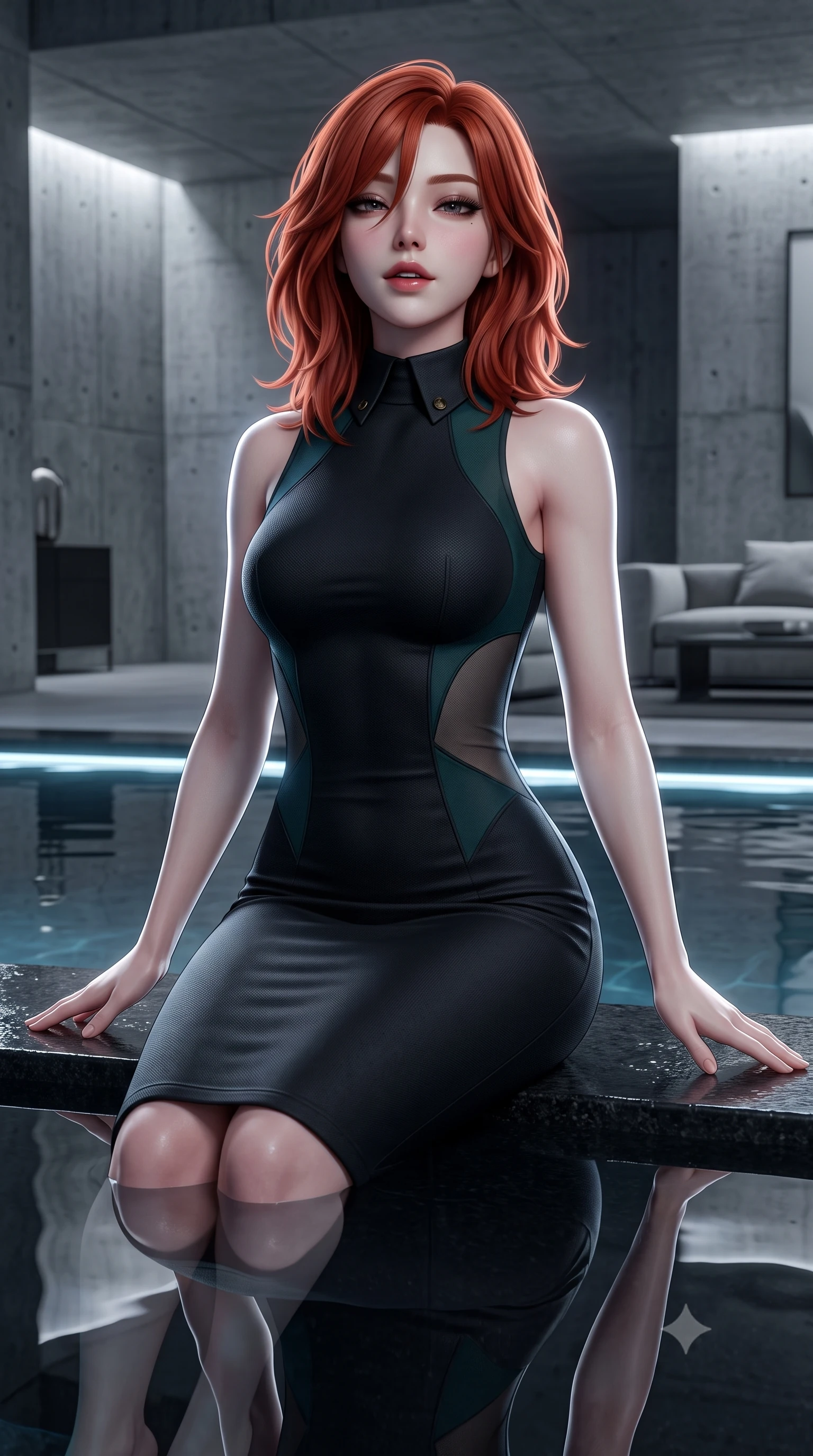 score_9, masterpiece, best quality, ultra-detailed, high-budget anime keyframe, semi-realistic 3D game render, editorial fashion photography, tasteful artistic composition, Korean woman. close-up cowboy shot from the waist and thighs up, the character dominates the composition, filling the frame with her large presence. tilting her chin up slightly with lips parted in a composed, sovereign expression, her body curving in an alluring S-line that accentuates her hip contour while sitting gracefully at the water's edge of a mirror-still black granite reflection pool, arching her lower back as cold silver moonlight sculpts her silhouette. The surrounding environment is rendered in vivid detail and crisp panoramic clarity. detailed evening dress drape, moonlight sheen on skin, and modern brutalist-luxury chamber clarity in high resolution. She has an exceptionally elegant, slender, and willowy female figure with an ultra-slim waist, flat toned midriff, narrow ribcage, and sculpted feminine hips creating an alluring, slim hourglass silhouette without bulk. sharp v-shaped jawline, high-bridge nose, intricate jewel-like dark sparkling eyes with dangerous depth, thick curled eyelashes, glossy parted lips with a rich wine sheen, smoldering seductive half-smile with bedroom-eyes, exuding effortless superiority and intoxicating dark allure, flawlessly proportioned anatomical accuracy, strict slender model proportions, natural body alignment, perfectly sculpted long slender limbs, ultra-slim waistline, clean dynamic posture without body distortion. wearing a high-neck sleeveless bodycon dress in textured matte obsidian with side-torso semi-sheer mesh inserts in deep forest teal and dark gunmetal, made of liquid-tight stretch jersey emphasizing every curve of her body, finished with sharp tailored peak lapels and subtle horn button accents, the high-waisted tailoring accentuating her ultra-slim waistline and the enchanting curve of her feminine hips with alluring dark charm. illuminated by subtle underwater fiber-optic perimeter lights and crisp platinum rim lighting sharply carving her slim torso, narrow waist, and curvy hips. highly saturated vibrant anime colors, detailed shading with soft gradients, rich glossy textures, high-contrast stereoscopic depth, volumetric dynamic lighting, master piece, 9:16 ratio