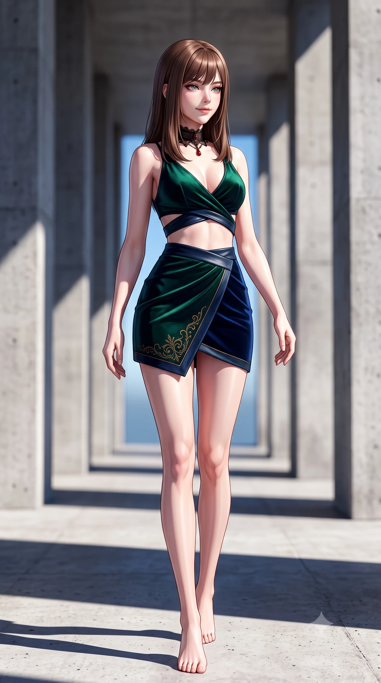 score_9, masterpiece, best quality, ultra-detailed, high-budget anime keyframe, semi-realistic 3D game render, editorial fashion photography, tasteful artistic composition, Korean woman. low angle full-body shot from head to toe showing her feet, filling the entire 9:16 vertical frame with her statuesque presence, stretching her vertical silhouette. walking along the terrace with poise, looking back over her bare shoulder with an irresistible smoldering bedroom-gaze while twisting her slender torso in an alluring contrapposto stance, stark diagonal shadow wedges framing her narrow waist and rounded hips. The background shows a soft-focus colossal raw concrete pillars receding into geometric perspective and clear blue sky blurred into cool slate, bone, and sapphire bokeh. She has an absolutely perfect, statuesque 8.5-heads proportion, an exceptionally tall and slender model-like female figure with impossibly long slender legs, an ultra-slim waist, a flat toned midriff, narrow delicate ribcage, and beautifully sculpted feminine hips creating a graceful, slim hourglass silhouette without any bulky heaviness. sharp v-shaped jawline, high-bridge nose, sparkling eyes with hypnotic seductive depth, thick curled eyelashes, glossy parted lips with a natural dewy peach sheen, alluring bedroom-eyes with an enchanting coquettish smile, exuding magnetic siren charisma and sophisticated glamour, flawlessly proportioned anatomical accuracy, strict slender model proportions, natural body alignment, perfectly sculpted long slender limbs, ultra-slim waistline, clean dynamic posture without body distortion. wearing a high-waisted architectural wrap mini skirt with clean structural lines paired with a plunging criss-cross crop top in deep emerald velvet and dark sapphire with gold filigree, woven from buttery-soft stretch lambskin leather adhering to her body like a second skin, accented with an ornate black lace Victorian choker featuring a single blood-red teardrop garnet, the second-skin tailored fabric adhering flawlessly to her sculpted flat midriff and slender torso, emphasizing her long leg lines and perfectly proportioned willowy build. bathed in intense high-noon sun creating stark, high-contrast black-and-white architectural chiaroscuro. highly saturated vibrant anime colors, detailed shading with soft gradients, rich glossy textures, high-contrast stereoscopic depth, volumetric dynamic lighting, master piece, 9:16 ratio