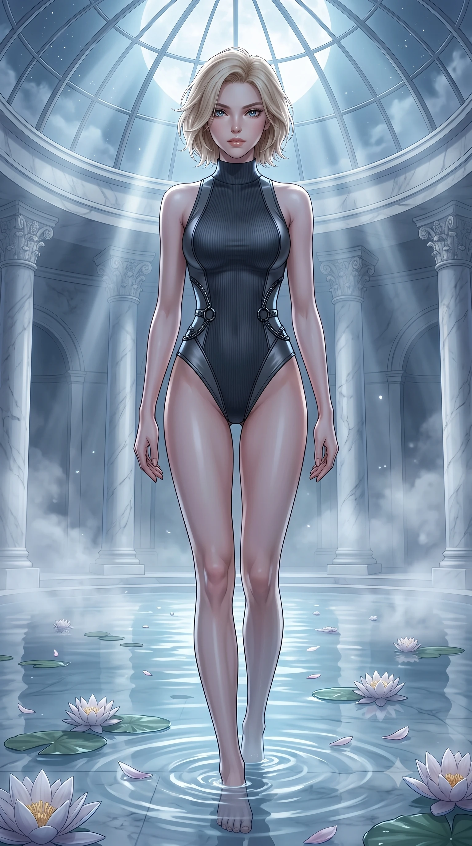 score_9, masterpiece, best quality, ultra-detailed, high-budget anime keyframe, editorial fashion photography, tasteful artistic composition, Caucasian woman. low angle full-body shot from head to toe showing her feet, filling the entire 9:16 vertical frame with her statuesque presence, stretching her vertical silhouette. forging confidently through the floating mist, holding a poised statuesque stance, immersed to the waist in a mirror-still pool as lotus petals drift around her, full moon rays casting cold silver beams across the white marble water hall. She has an absolutely perfect, statuesque 8.5-heads proportion, an exceptionally tall and slender model-like female figure with impossibly long slender legs and an ultra-slim waist. sharp v-shaped jawline, high-bridge nose, intricate jewel-like eyes with depth, thick eyelashes, glossy lips with a natural sheen. wearing sleek high-neck ribbed activewear bodysuit in matte black in dark charcoal gray, made of liquid dark mercury jersey, trimmed with dark chrome ring hardware along the waist contours, highlighting her statuesque proportions and ultra-slim waistline. illuminated by brilliant cold silver moonlight filtering through glass dome panes. highly saturated vibrant anime colors, detailed shading with soft gradients, rich glossy textures, high-contrast stereoscopic depth, volumetric dynamic lighting, master piece, 9:16 ratio