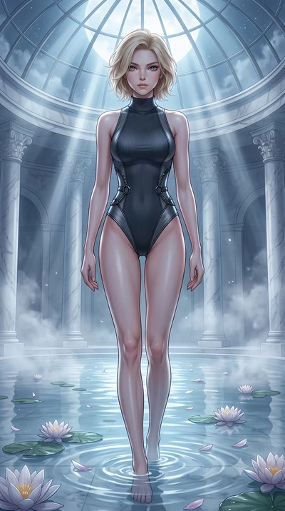 score_9, masterpiece, best quality, ultra-detailed, high-budget anime keyframe, editorial fashion photography, tasteful artistic composition, Caucasian woman. low angle full-body shot from head to toe showing her feet, filling the entire 9:16 vertica