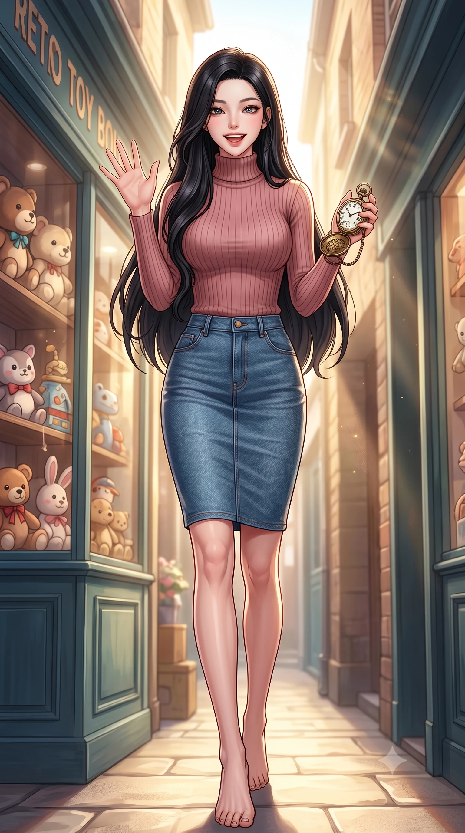 score_9, masterpiece, best quality, ultra-detailed, high-budget anime keyframe, editorial fashion photography, tasteful artistic composition, Korean woman. low angle full-body shot from head to toe showing her feet, filling the entire 9:16 vertical frame with her statuesque presence, stretching her vertical silhouette. stepping forward with a bright, cheerful smile, waving happily at the viewer set against a soft-focus background of outside a retro toy boutique with cute window displays of stuffed animals holding a vintage brass pocket watch with a curious, playful look. She has an absolutely perfect, statuesque 8.5-heads proportion, an exceptionally tall and slender model-like female figure with impossibly long slender legs and an ultra-slim waist. sharp v-shaped jawline, high-bridge nose, intricate jewel-like eyes with depth, thick eyelashes, glossy lips with a natural sheen. wearing slim-fit form-fitting ribbed knit turtleneck in dusty rose, tucked into a slim denim pencil skirt. warm afternoon sunlight filtering down between the narrow alley buildings. highly saturated vibrant anime colors, detailed shading with soft gradients, rich glossy textures, high-contrast stereoscopic depth, volumetric dynamic lighting, master piece, 9:16 ratio
