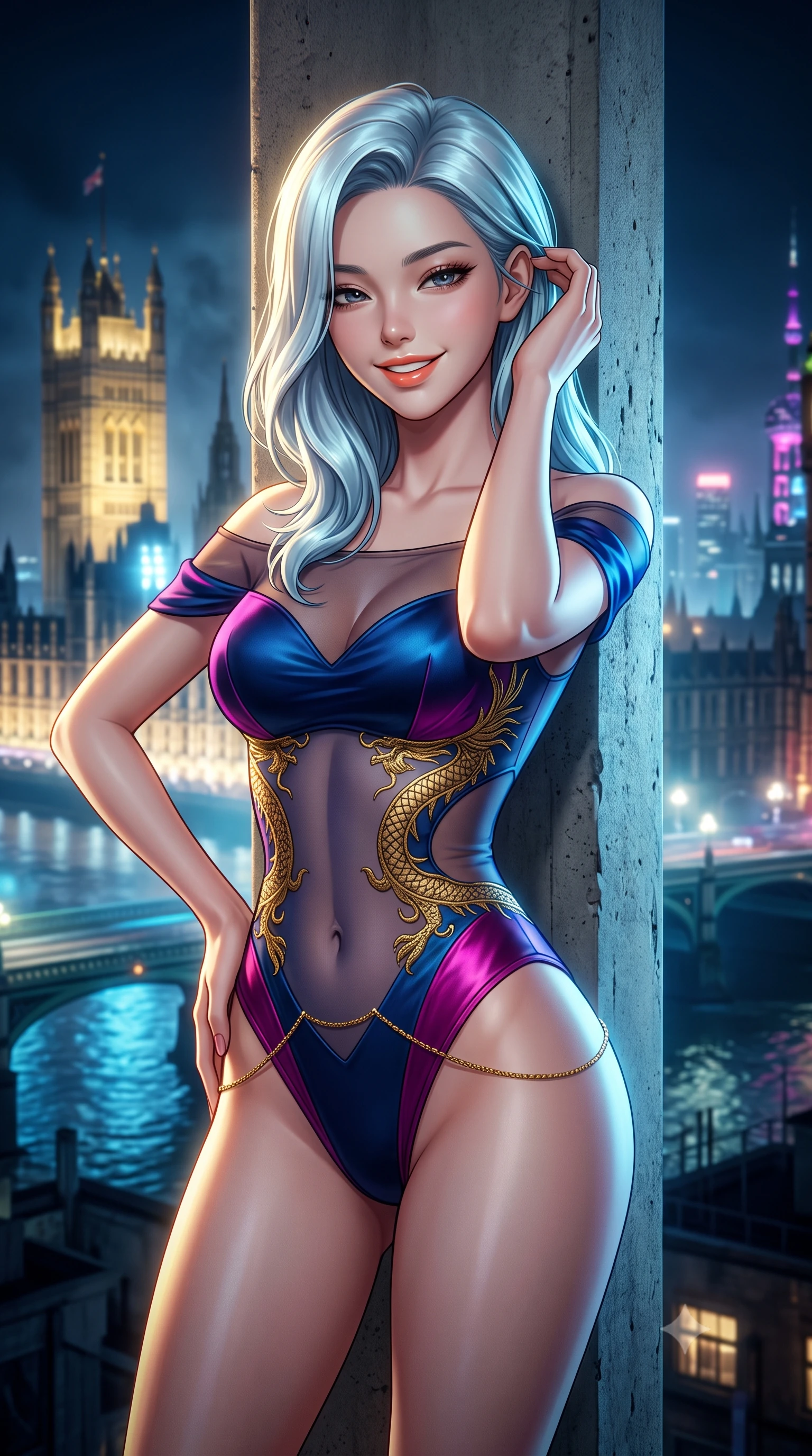 score_9, masterpiece, best quality, ultra-detailed, high-budget anime keyframe, semi-realistic 3D game render, editorial fashion photography, tasteful artistic composition, Korean woman. close-up cowboy shot from the waist and thighs up, the character dominates the composition, filling the frame with her large presence. gently brushing a lock of hair behind her ear while casting a playful, flirtatious side-gaze with long eyelashes while leaning against the structural concrete mezzanine pillar with hips cocked back, looking through night mist with heavy-lidded bedroom-eyes. The surrounding environment is rendered in vivid detail and crisp panoramic clarity: detailed backless sheer illusion halter catsuit, opaque geometric panels, and iconic skyline architecture in high resolution. She has an exceptionally elegant, slender, and willowy female figure with an ultra-slim waist, flat toned midriff, narrow ribcage, and sculpted feminine hips creating an alluring, slim hourglass silhouette without bulk. sharp v-shaped jawline, high-bridge nose, intricate jewel-like sparkling eyes with depth, thick eyelashes, glossy parted lips with a natural peach sheen, bright cheerful beaming smile with an enchanting and coquettish sensual glint, exuding both youthful cute charm and seductive allure, flawlessly proportioned anatomical accuracy, strict slender model proportions, natural body alignment, perfectly sculpted long slender limbs, ultra-slim waistline, clean dynamic posture without body distortion. wearing an off-the-shoulder sheer illusion mesh evening bodysuit with gold dragon-scale embroidery contouring her hourglass waist in Huangpu midnight sapphire and neon magenta, crafted from fluid liquid silk satin that clings smoothly to her narrow waist and rounded hips with a dewy sheen, accented with a dainty gold belly chain resting across her flat midriff and curving hips, the second-skin tailored fabric adhering flawlessly to her sculpted flat midriff and slender torso, emphasizing her long leg lines and perfectly proportioned willowy build. bathed in the breathtaking contrast of golden Westminster architectural floodlights and cool blue river ambient. highly saturated vibrant anime colors, detailed shading with soft gradients, rich glossy textures, high-contrast stereoscopic depth, volumetric dynamic lighting, master piece, 9:16 ratio