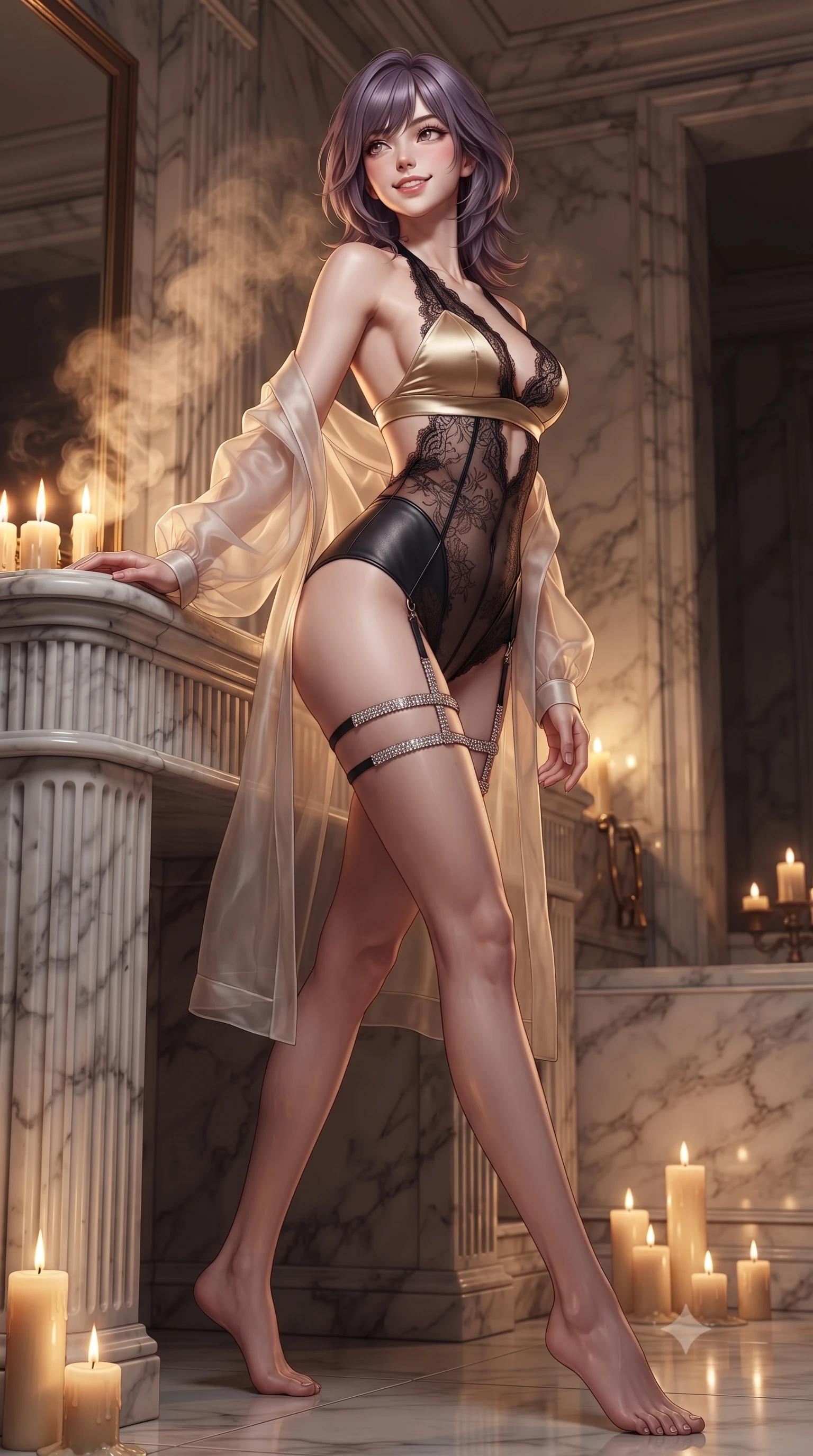 score_9, masterpiece, best quality, ultra-detailed, high-budget anime keyframe, editorial fashion photography, tasteful artistic composition, Japanese woman. low angle full-body shot from head to toe showing her feet, filling the entire 9:16 vertical frame with her statuesque presence, stretching her vertical silhouette. stepping forward in a confident stride, her long slender legs and curvaceous hips creating a dynamic, sweeping vertical line while leaning against the fluted marble vanity with hips cocked back, looking through rising thermal vapor with an intoxicating bedroom-gaze. The surrounding environment is rendered in vivid detail and crisp panoramic clarity: detailed sheer silk organza robe drape slipping off bare shoulders, satin bralette cling, and master stonework in razor-sharp precision. She has an exceptionally tall and slender model-like 8.5-heads proportion, an ultra-slim waist, a flat toned midriff, narrow delicate ribcage, and beautifully sculpted feminine hips creating a graceful, slim hourglass silhouette without any bulky heaviness, with impossibly long slender legs. sharp v-shaped jawline, high-bridge nose, intricate jewel-like sparkling eyes with depth, thick eyelashes, glossy parted lips with a natural peach sheen, bright cheerful beaming smile with an enchanting and coquettish sensual glint, exuding both youthful cute charm and seductive allure, flawlessly proportioned anatomical accuracy, strict slender model proportions, natural body alignment, perfectly sculpted long slender limbs, ultra-slim waistline, clean dynamic posture without body distortion. wearing a delicate sheer Chantilly lace halter teddy with a low scoop back and high-cut leg openings in midnight noir obsidian black and pure champagne gold, woven from buttery-soft stretch lambskin leather adhering to her body like a second skin, finished with delicate crystal-encrusted thigh garter straps glinting in the dim light, the high-slit wrap tailoring accentuating her ultra-slim waistline and the enchanting curve of her feminine hips with alluring seductive charm. bathed in the soft, flickering 2600K ambient illumination of natural beeswax candles scattered across marble ledges. ultra-reflective glossy finish, specular highlights, rich textural contrasts, high-contrast stereoscopic depth, volumetric dynamic lighting, 2k, ultra detail, master piece, 9:16 ratio