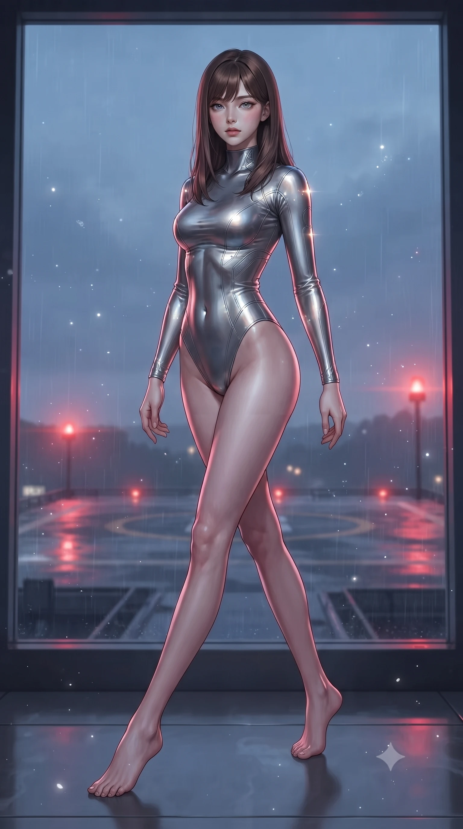 score_9, masterpiece, best quality, ultra-detailed, high-budget anime keyframe, editorial fashion photography, tasteful artistic composition, Korean woman. low angle full-body shot from head to toe showing her feet, filling the entire 9:16 vertical frame with her statuesque presence, stretching her vertical silhouette. stepping gracefully through floating stardust particles, her body-contouring suit showing her athletic, slender silhouette, the background shows a soft-focus a terminal window bay overlooking a rain-swept landing pad at night. She has an absolutely perfect, statuesque 8.5-heads proportion, an exceptionally tall and slender model-like female figure with impossibly long slender legs and an ultra-slim waist. sharp v-shaped jawline, high-bridge nose, intricate jewel-like eyes with depth, thick eyelashes, glossy lips with a natural sheen. wearing a body-hugging body-hugging titanium-sheen mock-neck bodysuit, featuring elastic compression panels at the waist. cool twilight sky light contrasting with pulsing red warning beacons. ultra-reflective glossy finish, specular highlights, metallic sheen, high-contrast stereoscopic depth, volumetric dynamic lighting, 2k, ultra detail, master piece, 9:16 ratio