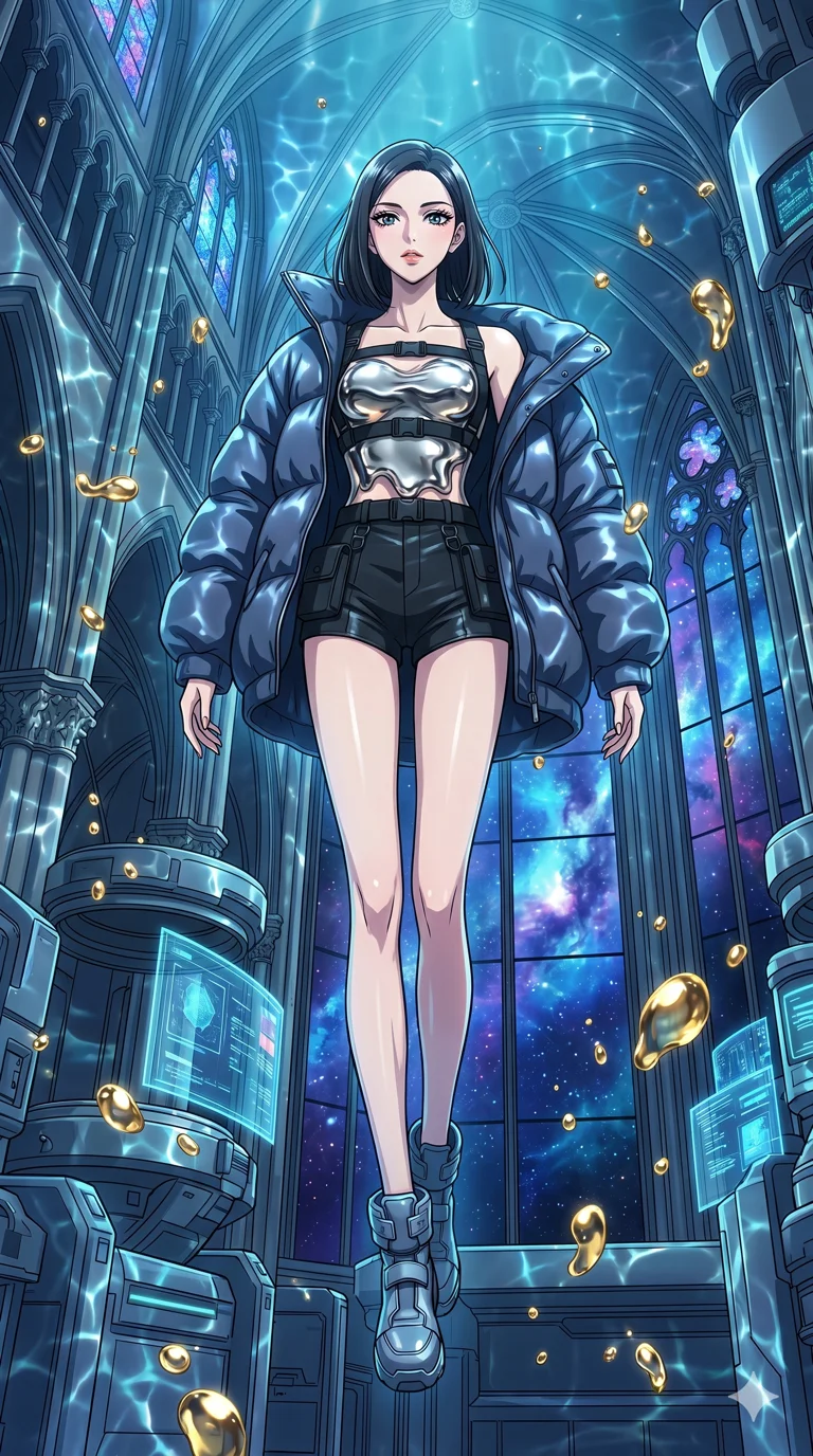 score_9, masterpiece, best quality, ultra-detailed, High-budget Anime Keyframe, vibrant colors, fluid line-art, expressive lighting, cinematic composition, Ufotable-style visual effects, top-tier animation quality, Japanese woman with delicate and elegant anime-inspired features. Wide-angle low shot emphasizing her impossibly long slender legs and commanding stature. Floating serenely in a zero-gravity chamber filled with suspended droplets of liquid gold that reflect the surrounding high-tech machinery. She has an absolutely perfect 8-heads proportion, an exceptionally tall and slender female figure with impossibly long slender legs and an ultra-slim waist, her statuesque height and towering silhouette dominating the vertical 9:16 frame. Her face is a masterpiece featuring a sharp v-shaped jawline, high-bridge nose, intricate jewel-like eyes with depth, thick eyelashes, and glossy lips with a natural sheen. She is wearing a Oversized puffer jacket worn over a micro-shorts and harness set, unzipped to reveal her chest crafted from Molten liquid mercury that flows and reflects the environment with metallic perfection, with a dangerous high slit that showcases her impossibly long slender legs. The scene is set in a majestic gothic cathedral in deep space with massive windows overlooking a swirling nebula, illuminated by underwater caustic lighting with ripples of light dancing across her body. 2k, ultra detail, master piece, 9:16 ratio