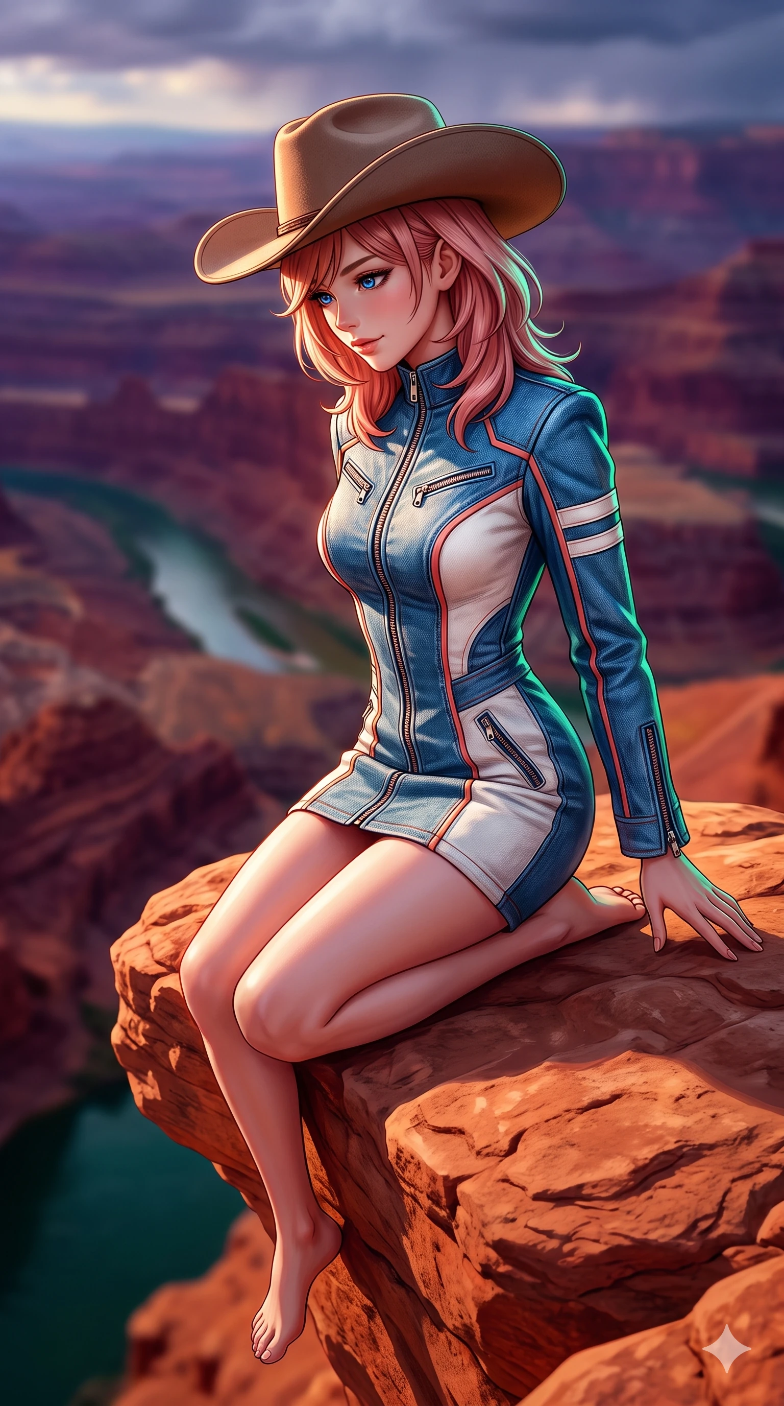 score_9, masterpiece, best quality, ultra-detailed, high-budget anime keyframe, semi-realistic 3D game render, editorial fashion photography, tasteful artistic composition, Japanese woman. low angle full-body shot from head to toe showing her feet, filling the entire 9:16 vertical frame with her statuesque presence, stretching her vertical silhouette. stepping slowly toward the camera with hypnotic grace, hips swaying in an alluring sensual rhythm that accentuates her curvy hourglass silhouette and long slender legs while kneeling gracefully on the warm red sandstone outcrop, one hand resting on the stone while gazing down into the emerald canyon waters with alluring bedroom-eyes. The background shows a soft-focus the vast labyrinth of canyon chasms, snaking river miles below, and distant storm clouds blurred into purple, terracotta, and amber bokeh. She has an absolutely perfect, statuesque 8.5-heads proportion, an exceptionally tall and slender model-like female figure with impossibly long slender legs, an ultra-slim waist, a flat toned midriff, narrow delicate ribcage, and beautifully sculpted feminine hips creating a graceful, slim hourglass silhouette without any bulky heaviness. sharp v-shaped jawline, high-bridge nose, sparkling eyes with hypnotic seductive depth, thick curled eyelashes, glossy parted lips with a natural dewy peach sheen, alluring bedroom-eyes with an enchanting coquettish smile, exuding magnetic siren charisma and sophisticated glamour, flawlessly proportioned anatomical accuracy, strict slender model proportions, natural body alignment, perfectly sculpted long slender limbs, ultra-slim waistline, clean dynamic posture without body distortion. wearing a sleek high-collar zip-up biker jacket dress with structured shoulders and racing stripe accents in Mediterranean cerulean blue and optic white with coral trims, woven from bespoke sun-bleached selvedge denim with rich tactile slub texture, finished with a wide-brimmed felt cowboy hat tipped back to frame her face and long glossy hair, the bespoke structured tailoring following the natural line of her 8.5-heads silhouette with refined elegance. illuminated by red rock canyon bounce and sharp emerald-terracotta rim lights sculpting her razor-sharp jawline, narrow waist, and curvy hips. highly saturated vibrant anime colors, detailed shading with soft gradients, rich glossy textures, high-contrast stereoscopic depth, volumetric dynamic lighting, master piece, 9:16 ratio