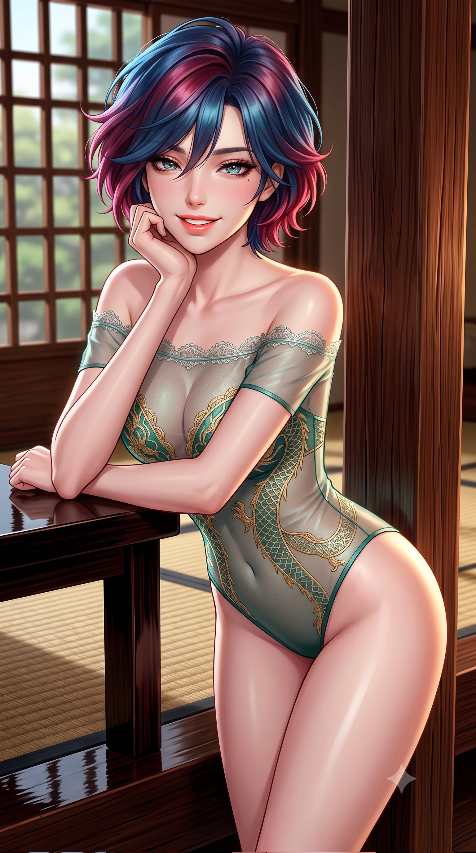 score_9, masterpiece, best quality, ultra-detailed, high-budget anime keyframe, semi-realistic 3D game render, editorial fashion photography, tasteful artistic composition, Korean woman. close-up cowboy shot from the waist and thighs up, the character dominates the composition, filling the frame with her large presence. resting one elbow on the table and supporting her chin, leaning close to the camera with heavy-lidded sparkling eyes and parted lips while leaning against the dark polished cedar pillar with hips cocked back, looking through wooden lattice windows with smoldering bedroom-eyes. The surrounding environment is rendered in vivid detail and crisp panoramic clarity: sharp glossy black urushi lacquer reflections, hand-hewn chestnut beam grain, and woven rush matting in deep focus. She has an exceptionally elegant, slender, and willowy female figure with an ultra-slim waist, flat toned midriff, narrow ribcage, and sculpted feminine hips creating an alluring, slim hourglass silhouette without bulk. sharp v-shaped jawline, high-bridge nose, intricate jewel-like sparkling eyes with depth, thick eyelashes, glossy parted lips with a natural peach sheen, bright cheerful beaming smile with an enchanting and coquettish sensual glint, exuding both youthful cute charm and seductive allure, flawlessly proportioned anatomical accuracy, strict slender model proportions, natural body alignment, perfectly sculpted long slender limbs, ultra-slim waistline, clean dynamic posture without body distortion. wearing an off-the-shoulder sheer illusion mesh evening bodysuit with gold dragon-scale embroidery contouring her hourglass waist in Nordic aurora emerald green and starlight silver, crafted from translucent silk organza with an ethereal crystalline sheen, finished with scalloped eyelash lace trim framing her sweetheart neckline with intimate elegance, the form-contouring silhouette accentuating her sculpted flat midriff, narrow delicate ribcage, and gracefully curvy hips with intoxicating allure. illuminated by polished floor bounce and sharp copper-gold rim lights defining her razor-sharp jawline, narrow waist, and curvy hips. highly saturated vibrant anime colors, detailed shading with soft gradients, rich glossy textures, high-contrast stereoscopic depth, volumetric dynamic lighting, master piece, 9:16 ratio