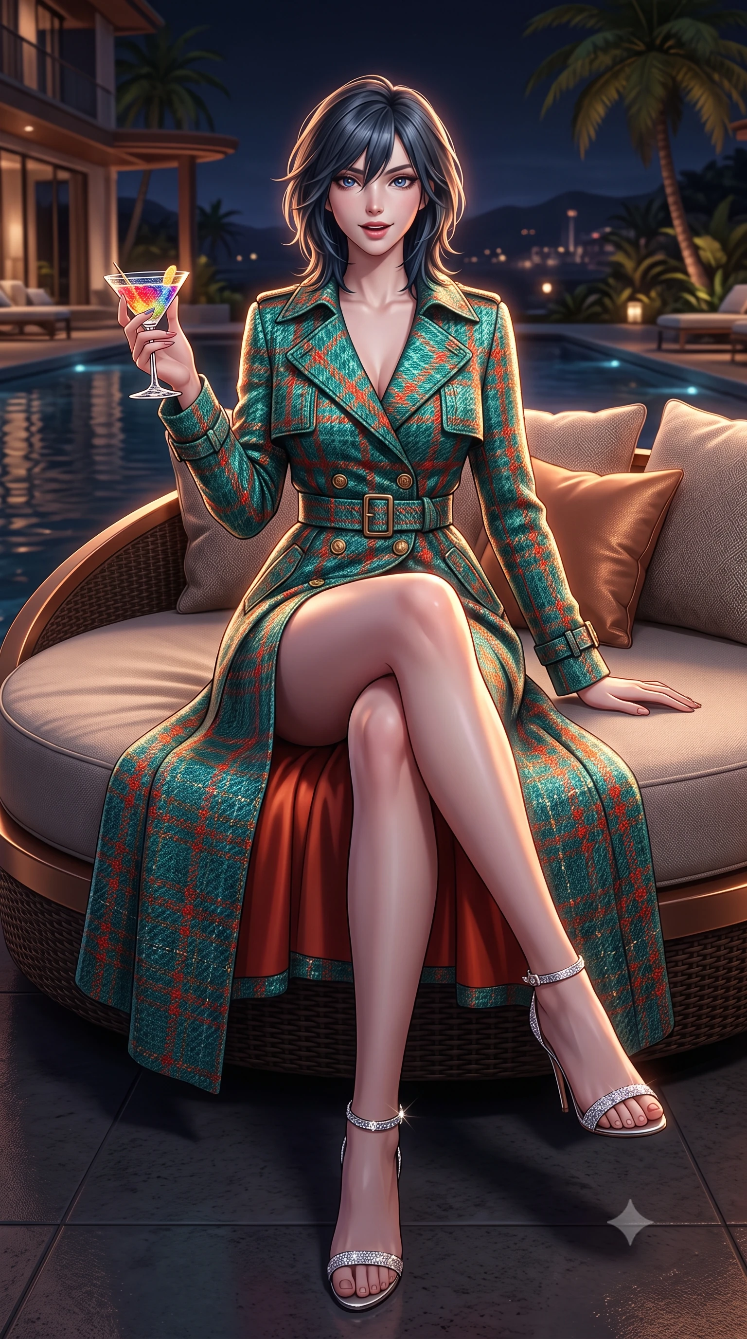 score_9, masterpiece, best quality, ultra-detailed, high-budget anime keyframe, semi-realistic 3D game render, editorial fashion photography, tasteful artistic composition, Caucasian woman. low angle full-body shot from head to toe showing her feet, filling the entire 9:16 vertical frame with her statuesque presence, stretching her vertical silhouette. lounging on the lavish daybed with legs crossed and hips angled toward the camera, displaying her toned midriff and long slender limbs with effortless siren poise while sitting gracefully on the circular sofa with legs crossed, holding a cocktail glass with magnetic Hollywood glamour. The surrounding environment is rendered in vivid detail and crisp panoramic clarity: detailed garment weave, fitted contours, and landscape architectural craft in high resolution. She has an exceptionally tall and slender model-like 8.5-heads proportion, an ultra-slim waist, a flat toned midriff, narrow delicate ribcage, and beautifully sculpted feminine hips creating a graceful, slim hourglass silhouette without any bulky heaviness, with impossibly long slender legs. sharp v-shaped jawline, high-bridge nose, intricate jewel-like sparkling eyes with depth, thick eyelashes, glossy parted lips with a natural peach sheen, bright cheerful beaming smile with an enchanting and coquettish sensual glint, exuding both youthful cute charm and seductive allure, flawlessly proportioned anatomical accuracy, strict slender model proportions, natural body alignment, perfectly sculpted long slender limbs, ultra-slim waistline, clean dynamic posture without body distortion. wearing a structured Viennese secessionist houndstooth trench coat with belted waist and storm flaps in Tanjong Pagar Peranakan jade green and gilded vermilion, woven from structured British tweed with subtle metallic flecks, complemented by strappy stiletto sandals with crystal ankle wraps accentuating her slender calves, the bespoke structured tailoring following the natural line of her 8.5-heads silhouette with refined elegance. illuminated by dark pool surface reflection bounce and sharp copper-gold rim lights defining her dewy collarbones, ultra-slim waist, and curvy hips. highly saturated vibrant anime colors, detailed shading with soft gradients, rich glossy textures, high-contrast stereoscopic depth, volumetric dynamic lighting, master piece, 9:16 ratio