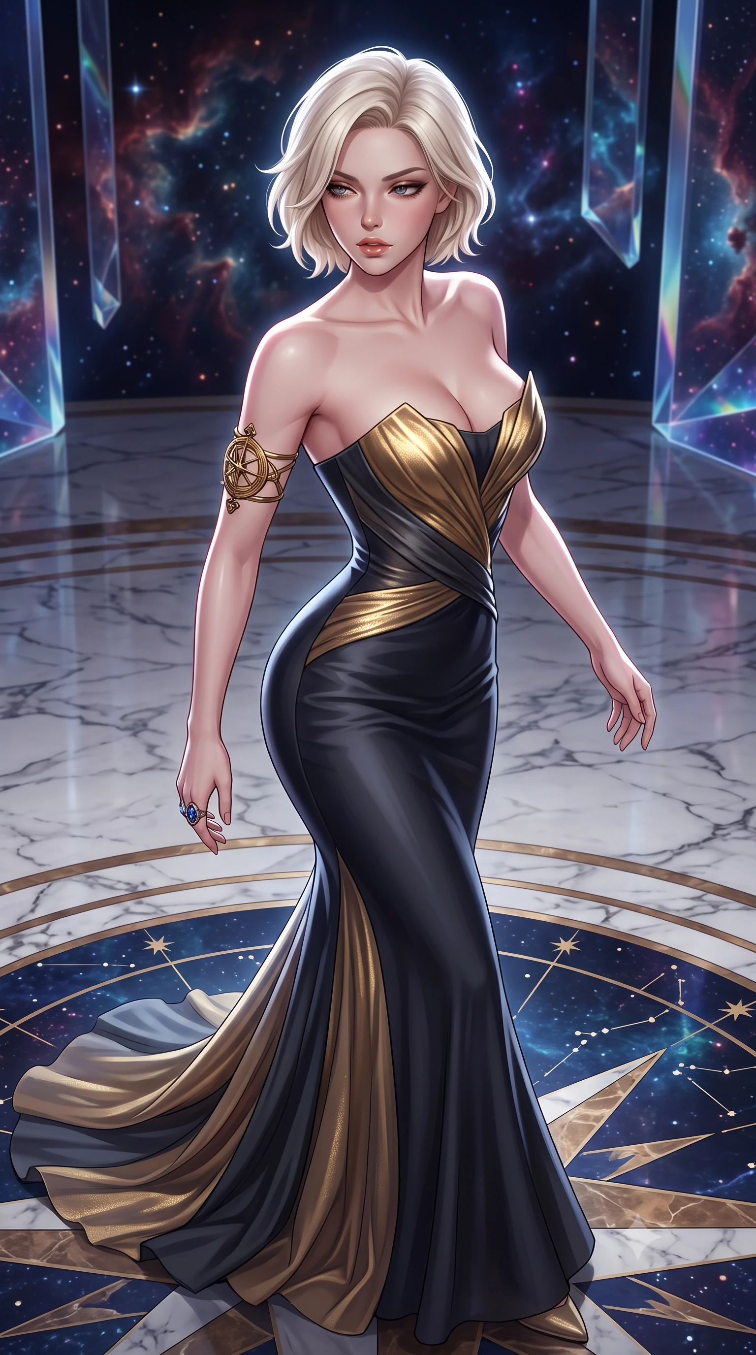 score_9, masterpiece, best quality, ultra-detailed, high-budget anime keyframe, semi-realistic 3D game render, editorial fashion photography, tasteful artistic composition, Caucasian woman. close-up cowboy shot from the waist and thighs up, the character dominates the composition, filling the frame with her large presence. twisting her slender torso in a deep contrapposto stance, hips dramatically shifted to accentuate her feminine curves while looking past her shoulder with smoldering bedroom-eyes while striding across the illuminated marble star-chart floor, hips swaying with sovereign cosmic empress charisma. The surrounding environment is rendered in vivid detail and crisp panoramic clarity. detailed deep-space nebula filaments, crystal prism reflections, and marble floor inlay in high clarity. She has an exceptionally elegant, slender, and willowy female figure with an ultra-slim waist, a gracefully sculpted slender torso, toned flat midriff, and rounded feminine hips creating an alluring hourglass silhouette. sharp v-shaped jawline, high-bridge nose, intricate jewel-like eyes with depth, thick eyelashes, glossy parted lips with a natural sheen, intensely captivating and seductive bedroom-eyes expression, flawlessly proportioned anatomical accuracy, strict slender model proportions, natural body alignment, perfectly sculpted long slender limbs, ultra-slim waistline, clean dynamic posture without body distortion. wearing a midnight silk crepe mermaid gown featuring an architectural strapless neckline and bodycon hip hug in molten starlight gold and dark gunmetal, woven from layered gossamer chiffon with a weightless sweeping drape, accessorized with an intricate brass astrolabe armlet and sapphire ring, the liquid-tight tailored fabric clinging flawlessly to her narrow waist and rounded feminine hips, emphasizing every millimeter of her sculpted hourglass curves during movement. illuminated by starlight edge lights carving her slender waist, bare collarbones, and feminine hip line. highly saturated vibrant anime colors, detailed shading with soft gradients, rich glossy textures, high-contrast stereoscopic depth, volumetric dynamic lighting, master piece, 9:16 ratio