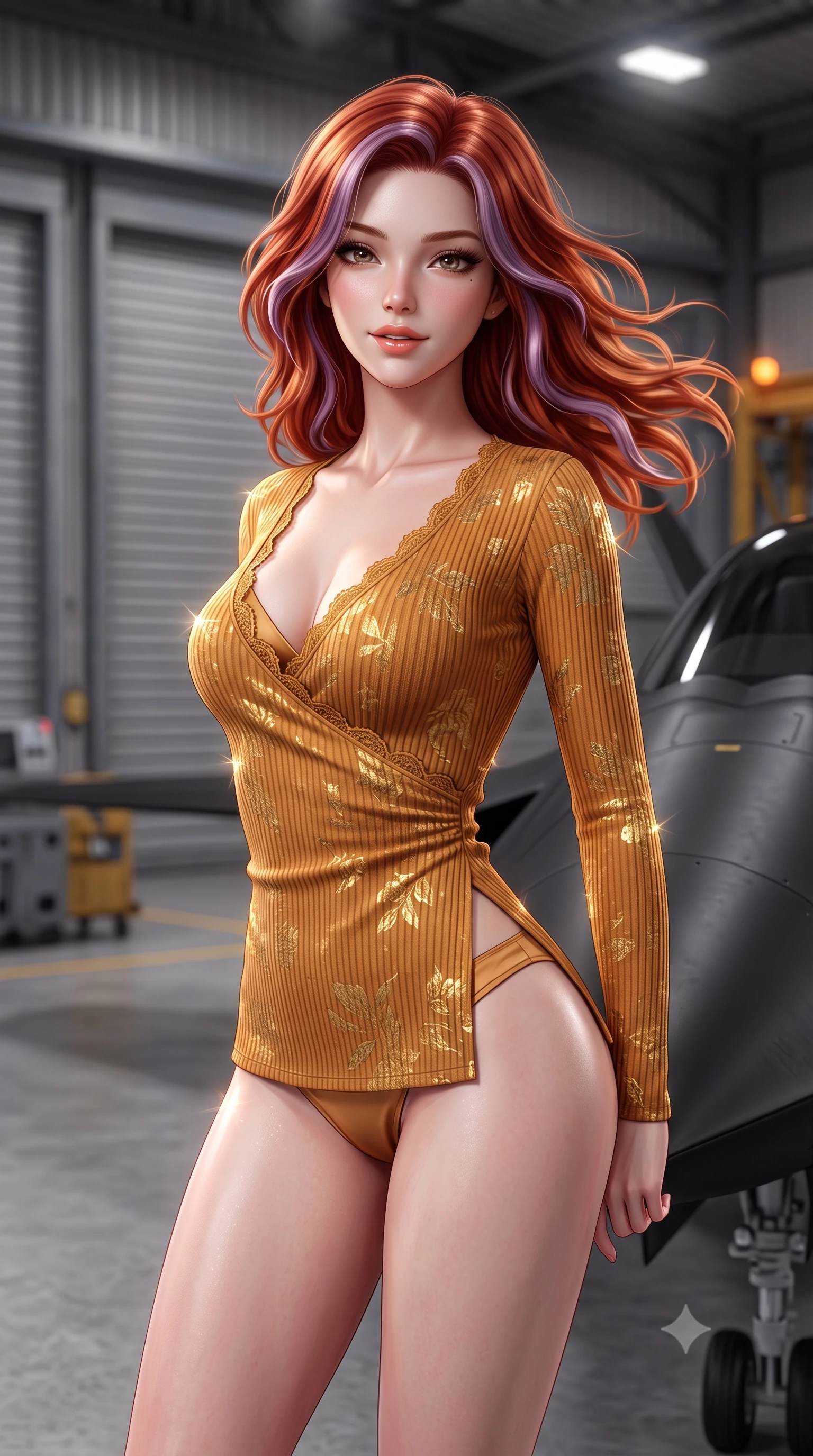 score_9, masterpiece, best quality, ultra-detailed, high-budget anime keyframe, semi-realistic 3D game render, editorial fashion photography, tasteful artistic composition, Caucasian woman. close-up cowboy shot from the waist and thighs up, the character dominates the composition, filling the frame with her large presence. turning slowly with an enchanting smoldering smile, her glossy hair tossing in the breeze as her hips angle gracefully in a captivating contrapposto while leaning against the razor-sharp leading edge of a matte-black stealth drone with hips cocked back, arching her back with high-tech allure. The background shows a soft-focus massive corrugated hangar doors softened in top-secret facility shallow focus. She has an exceptionally elegant, slender, and willowy female figure with an ultra-slim waist, flat toned midriff, narrow ribcage, and sculpted feminine hips creating an alluring, slim hourglass silhouette without bulk. sharp v-shaped jawline, high-bridge nose, sparkling eyes with hypnotic seductive depth, thick curled eyelashes, glossy parted lips with a natural dewy peach sheen, alluring bedroom-eyes with an enchanting coquettish smile, exuding magnetic siren charisma and sophisticated glamour, flawlessly proportioned anatomical accuracy, strict slender model proportions, natural body alignment, perfectly sculpted long slender limbs, ultra-slim waistline, clean dynamic posture without body distortion. wearing a form-contouring ribbed knit dancer wrap top worn over a plunging silk bralette and low-rise satin briefs in warm amber honey and antique gold leaf, woven from stretch metallic lurex jersey casting radiant starlight glints across her silhouette, finished with scalloped eyelash lace trim framing her sweetheart neckline with intimate elegance, the high-slit wrap tailoring accentuating her ultra-slim waistline and the enchanting curve of her feminine hips with alluring seductive charm. bathed in high-altitude aerospace hangar floodlights mixed with amber safety strobe accents. highly saturated vibrant anime colors, detailed shading with soft gradients, rich glossy textures, high-contrast stereoscopic depth, volumetric dynamic lighting, master piece, 9:16 ratio