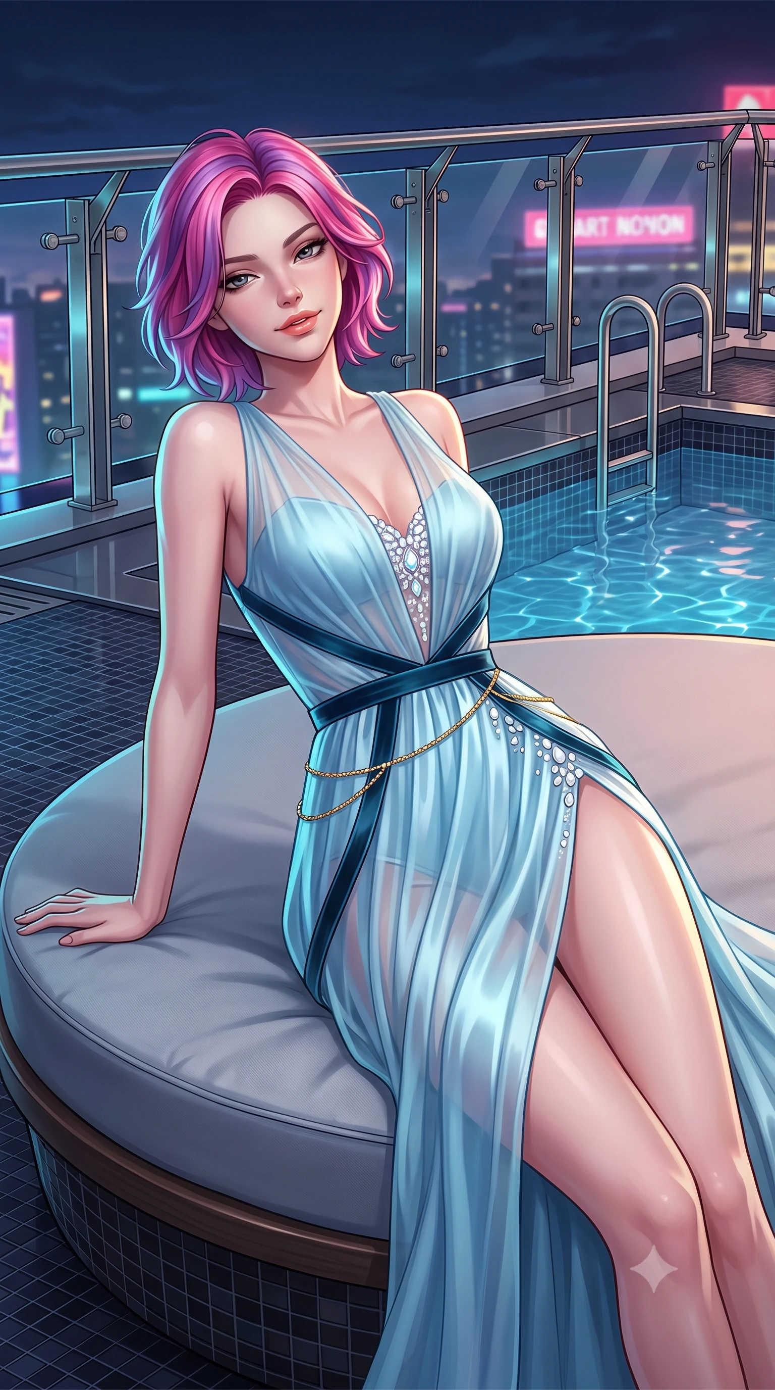 score_9, masterpiece, best quality, ultra-detailed, high-budget anime keyframe, semi-realistic 3D game render, editorial fashion photography, tasteful artistic composition, Caucasian woman. close-up cowboy shot from the waist and thighs up, the character dominates the composition, filling the frame with her large presence. leaning back against the balustrade with relaxed seductive grace, head tilted back slightly while casting a hypnotic, heavy-lidded gaze while lounging on the circular sunbed propped on one elbow, displaying her long slender limbs and statuesque hourglass silhouette against the neon horizon. The surrounding environment is rendered in vivid detail and crisp panoramic clarity: sharp glass cantilever joint bolts, polished stainless steel coping edges, and dark mosaic tile surfaces in deep focus. She has an exceptionally elegant, slender, and willowy female figure with an ultra-slim waist, flat toned midriff, narrow ribcage, and sculpted feminine hips creating an alluring, slim hourglass silhouette without bulk. sharp v-shaped jawline, high-bridge nose, intricate jewel-like sparkling eyes with depth, thick eyelashes, glossy parted lips with a natural peach sheen, bright cheerful beaming smile with an enchanting and coquettish sensual glint, exuding both youthful cute charm and seductive allure, flawlessly proportioned anatomical accuracy, strict slender model proportions, natural body alignment, perfectly sculpted long slender limbs, ultra-slim waistline, clean dynamic posture without body distortion. wearing a provocative semi-sheer icy blue tulle cocktail dress with velvet ribbon piping contouring her narrow waist and hips in pure translucent crystal white and iridescent opal, crafted from fluid liquid silk satin that clings smoothly to her narrow waist and rounded hips with a dewy sheen, accented with a dainty gold belly chain resting across her flat midriff and curving hips, the high-slit wrap tailoring accentuating her ultra-slim waistline and the enchanting curve of her feminine hips with alluring seductive charm. illuminated by water surface reflection bounce and sharp platinum-cyan rim lights defining her dewy collarbones, ultra-slim waist, and curvy hips. highly saturated vibrant anime colors, detailed shading with soft gradients, rich glossy textures, high-contrast stereoscopic depth, volumetric dynamic lighting, master piece, 9:16 ratio