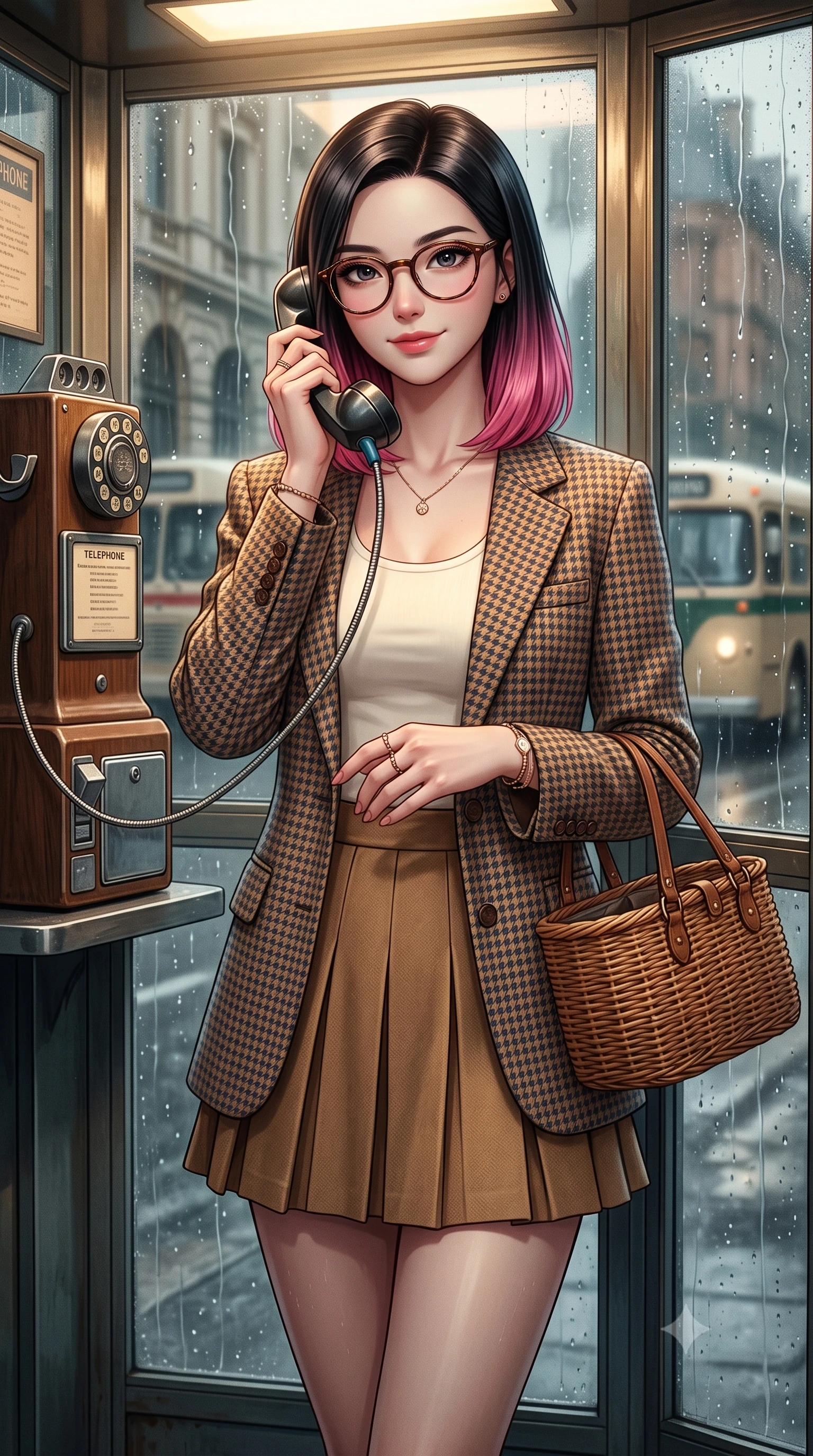 score_9, masterpiece, best quality, ultra-detailed, high-budget anime keyframe, semi-realistic 3D game render, editorial fashion photography, tasteful artistic composition, Korean woman. close-up cowboy shot from the waist and thighs up, the character dominates the composition, filling the frame with her large presence. holding her hands loosely in front with regal, aristocratic poise, radiating an overwhelming high-society aura while standing inside a vintage glass telephone booth with raindrops streaming down the panes, holding the receiver with a gentle smile. The composition keeps background elements in soft focus with creamy bokeh. retro street corner architecture and passing vintage buses softened in moody 35mm film depth. She has an exceptionally elegant, slender, and willowy female figure with an ultra-slim waist, a gracefully sculpted slender torso, toned flat midriff, and a refined slim silhouette. sharp v-shaped jawline, high-bridge nose, intricate jewel-like eyes with depth, thick eyelashes, glossy lips with a natural sheen, captivating and magnetic expression, flawlessly proportioned anatomical accuracy, strict slender model proportions, natural body alignment, perfectly sculpted long slender limbs, ultra-slim waistline, clean dynamic posture without body distortion. wearing a tailored 90s houndstooth oversized blazer over a simple scoop-neck top and a high-waisted pleated wool mini-skirt in vintage camel brown and washed indigo denim, knitted from soft cozy lambswool yarn with cable-knit textures, accessorized with a rustic woven wicker basket bag and round tortoiseshell glasses, the form-contouring material adhering flawlessly to her sculpted flat midriff and slender torso, emphasizing her long leg lines and perfectly proportioned willowy build. surrounded by an emotional, poetic, and heartwarming vintage movie heroine aura. highly saturated vibrant anime colors, detailed shading with soft gradients, rich glossy textures, high-contrast stereoscopic depth, volumetric dynamic lighting, master piece, 9:16 ratio