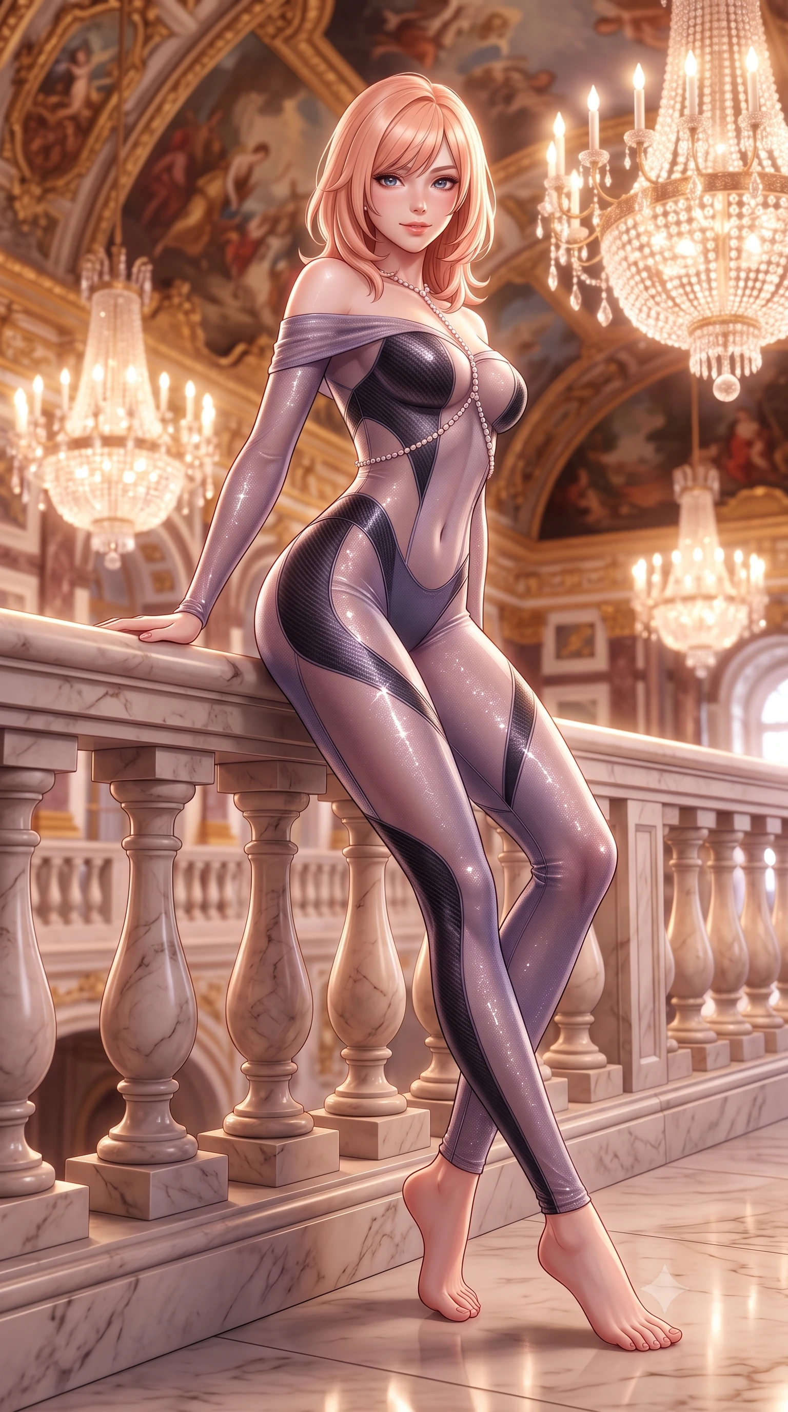 score_9, masterpiece, best quality, ultra-detailed, high-budget anime keyframe, semi-realistic 3D game render, editorial fashion photography, tasteful artistic composition, Japanese woman. low angle full-body shot from head to toe showing her feet, filling the entire 9:16 vertical frame with her statuesque presence, stretching her vertical silhouette. leaning deep against the balcony balustrade with hips cocked back in an unapologetically alluring high-fashion stance, casting an intoxicating glance while lounging gracefully on the wide marble landing propped on one hand, her flat midriff and impossibly long slender legs commanding the palace vista. The background shows a soft-focus colossal multi-tiered crystal chandeliers, gilded baroque ceiling murals, and marble balustrades blurred into champagne, amber, and rose-gold bokeh. She has an absolutely perfect, statuesque 8.5-heads proportion, an exceptionally tall and slender model-like female figure with impossibly long slender legs, an ultra-slim waist, a flat toned midriff, narrow delicate ribcage, and beautifully sculpted feminine hips creating a graceful, slim hourglass silhouette without any bulky heaviness. sharp v-shaped jawline, high-bridge nose, sparkling eyes with hypnotic seductive depth, thick curled eyelashes, glossy parted lips with a natural dewy peach sheen, alluring bedroom-eyes with an enchanting coquettish smile, exuding magnetic siren charisma and sophisticated glamour, flawlessly proportioned anatomical accuracy, strict slender model proportions, natural body alignment, perfectly sculpted long slender limbs, ultra-slim waistline, clean dynamic posture without body distortion. wearing an off-the-shoulder sheer-illusion mesh stealth catsuit with strategically placed carbon-fiber patches hugging her curves in dusky lavender mist and dark charcoal velvet, woven from stretch metallic lurex jersey casting radiant starlight glints across her silhouette, accented with a pearl-drop body harness subtly framing her dewy collarbones and spine, the glove-like clinging cut tightly following the natural contour of her hips and long slender legs with youthful 8.5-heads elegance. bathed in the warm radiant brilliance of thousands of crystal chandelier electric candles. highly saturated vibrant anime colors, detailed shading with soft gradients, rich glossy textures, high-contrast stereoscopic depth, volumetric dynamic lighting, master piece, 9:16 ratio