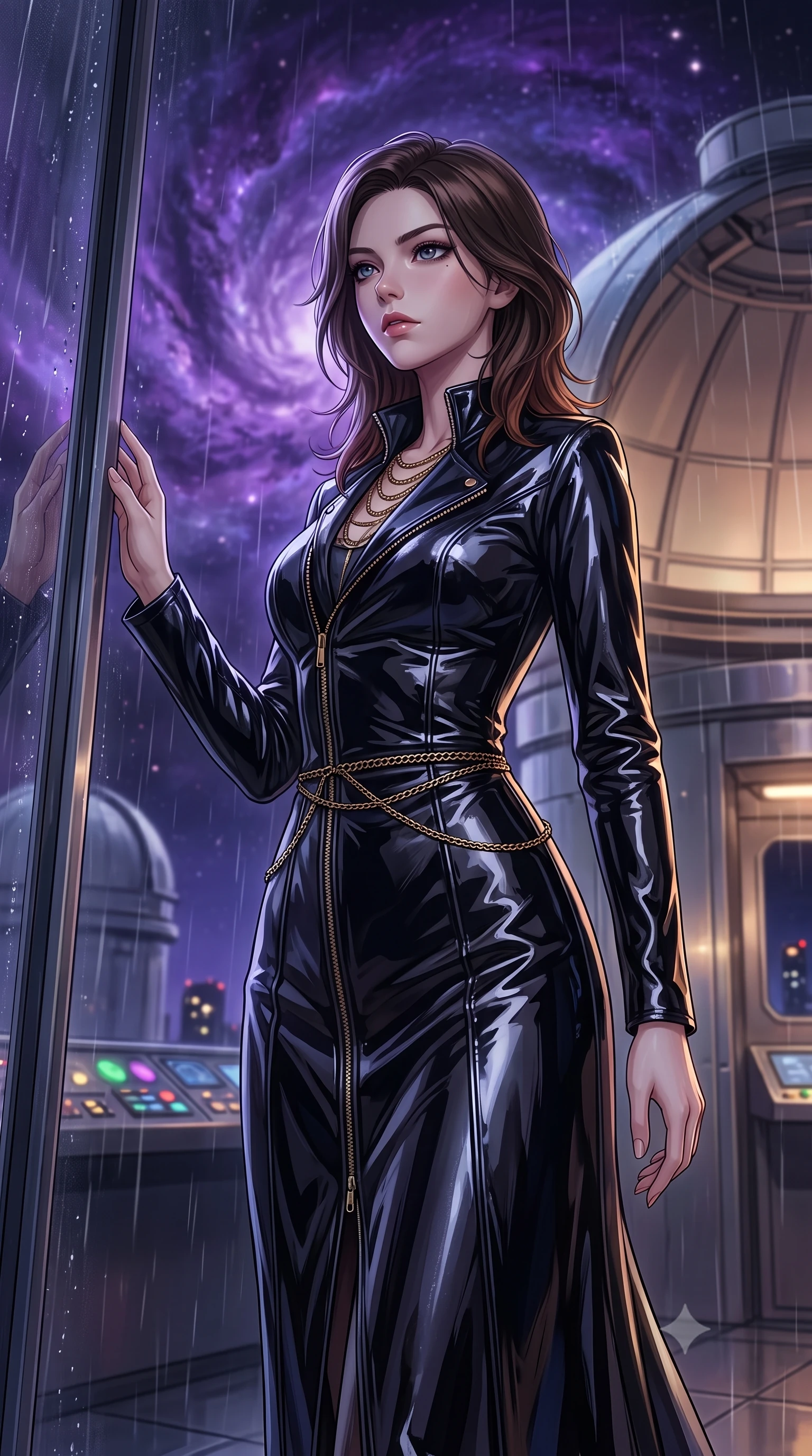 score_9, masterpiece, best quality, ultra-detailed, High-budget Anime Keyframe, East Asian woman. Low angle cowboy shot filling the entire 9:16 frame with her statuesque presence. Scenario 306: looking out at the rain through a wet glass window near a high-altitude observatory dome under a swirling violet nebula. Her presence is magnetic and overpowering in this high-budget anime scene. Outfit 306: a slim-fit patent leather long with a unzipped detail and fine gold chains. The clothing is designed to emphasize her exceptionally tall and slender 8-heads proportion. 8-heads proportion, towering silhouette, ultra-slim waist. sharp v-shaped jawline, intricate jewel-like eyes with depth, thick eyelashes, glossy lips. 2k, ultra detail, master piece, 9:16 ratio