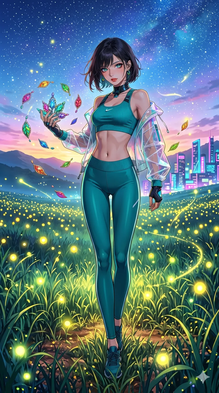 첨부의 캐릭터 얼굴만 유지해, score_9, masterpiece, best quality, ultra-detailed, Set C: High-budget Anime Keyframe, Korean woman. Low angle cowboy shot filling the entire 9:16 frame with her statuesque presence. Walking through a field of tall grass that glows with fireflies. She has an absolutely perfect 8-heads proportion, an exceptionally tall and slender female figure with elegant long slender legs and an slender waist. Sharp v-shaped jawline, high-bridge nose, intricate jewel-like eyes with depth, thick eyelashes, glossy lips. Wearing a Premium Athleisure outfit: sleek activewear with a sheer windbreaker and athletic midsection. Background is a bright and colorful meadow with thousands of yellow lights and a vibrant starry sky. 2k, ultra detail, master piece, 9:16 ratio