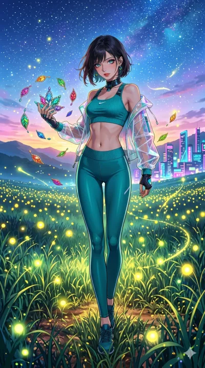 첨부의 캐릭터 얼굴만 유지해, score_9, masterpiece, best quality, ultra-detailed, Set C: High-budget Anime Keyframe, Korean woman. Low angle cowboy shot filling the entire 9:16 frame with her statuesque presence. Walking through a field of tall grass that glows w