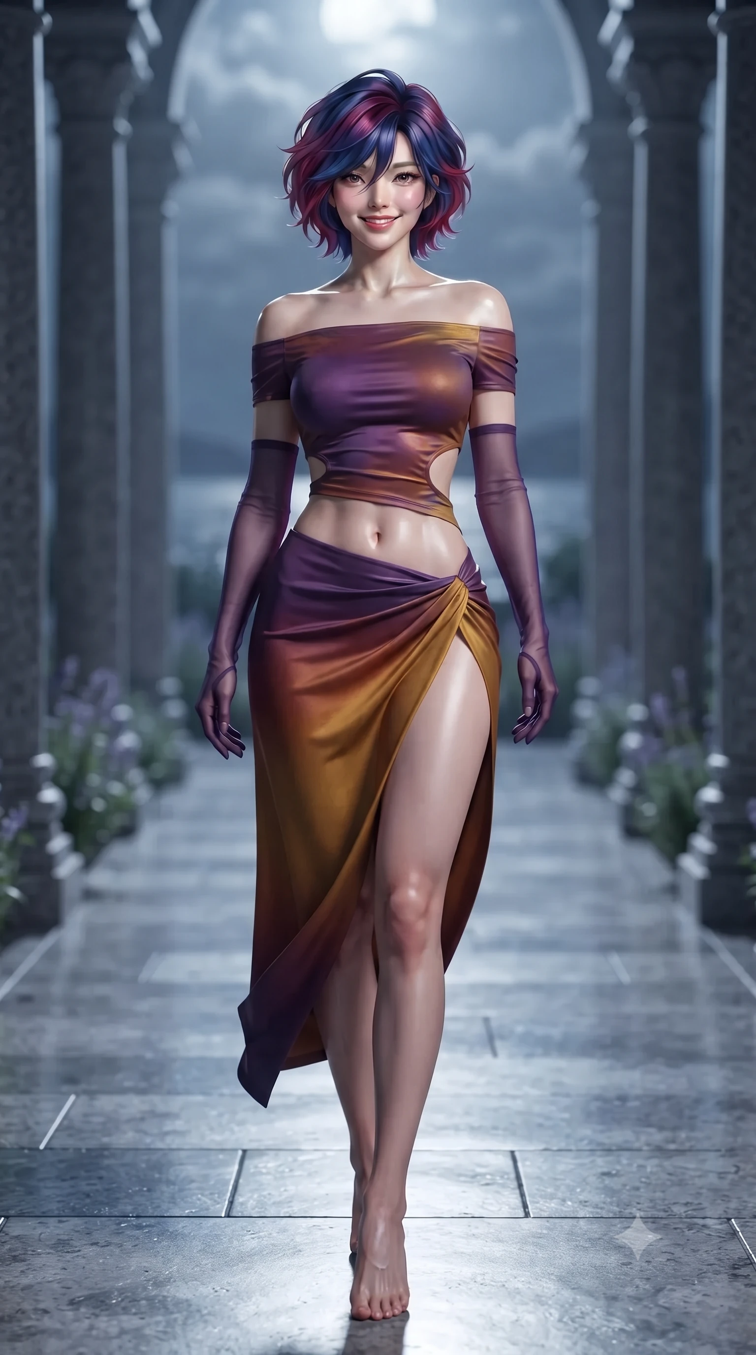 score_9, masterpiece, best quality, ultra-detailed, high-budget anime keyframe, editorial fashion photography, tasteful artistic composition, Korean woman. low angle full-body shot from head to toe showing her feet, filling the entire 9:16 vertical frame with her statuesque presence, stretching her vertical silhouette. stepping slowly toward the camera with hypnotic grace, hips swaying in an alluring sensual rhythm that accentuates her curvy hourglass silhouette and long slender legs while twisting her slender torso in an alluring contrapposto stance on the polished stone walkway, silvery moonlight caressing her narrow waist and curvy hips. The background shows a soft-focus endless rhythm of slender granite columns in staggered double rows, medieval medicinal herb garden, and vast moonlit tidal bay blurred into silver, slate, and sapphire bokeh. She has an exceptionally tall and slender model-like 8.5-heads proportion, an ultra-slim waist, a flat toned midriff, narrow delicate ribcage, and beautifully sculpted feminine hips creating a graceful, slim hourglass silhouette without any bulky heaviness, with impossibly long slender legs. sharp v-shaped jawline, high-bridge nose, intricate jewel-like sparkling eyes with depth, thick eyelashes, glossy parted lips with a natural peach sheen, bright cheerful beaming smile with an enchanting and coquettish sensual glint, exuding both youthful cute charm and seductive allure, flawlessly proportioned anatomical accuracy, strict slender model proportions, natural body alignment, perfectly sculpted long slender limbs, ultra-slim waistline, clean dynamic posture without body distortion. wearing an alluring off-the-shoulder crop top with asymmetrical side-torso cutouts and a high-slit wrap skirt in Scottish Highlands heather thistle purple and antique hearth ember gold, made of fluid liquid jersey with seamless sculpting hold and smooth contours, complemented by sheer opera-length evening gloves tracing her slender arms, the precision-cut side openings and low-back scoop framing her graceful spine and the sensual sweep of her slim, toned hips. illuminated by granite floor specular bounce and sharp platinum-silver rim lights defining her dewy collarbones, ultra-slim waist, and curvy hips. ultra-reflective glossy finish, specular highlights, rich textural contrasts, high-contrast stereoscopic depth, volumetric dynamic lighting, 2k, ultra detail, master piece, 9:16 ratio